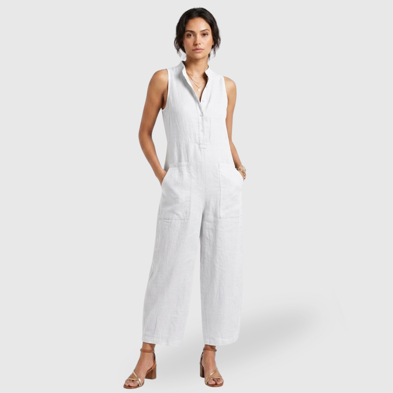 Combinaison femme lin mélangé sans manches coupe ample