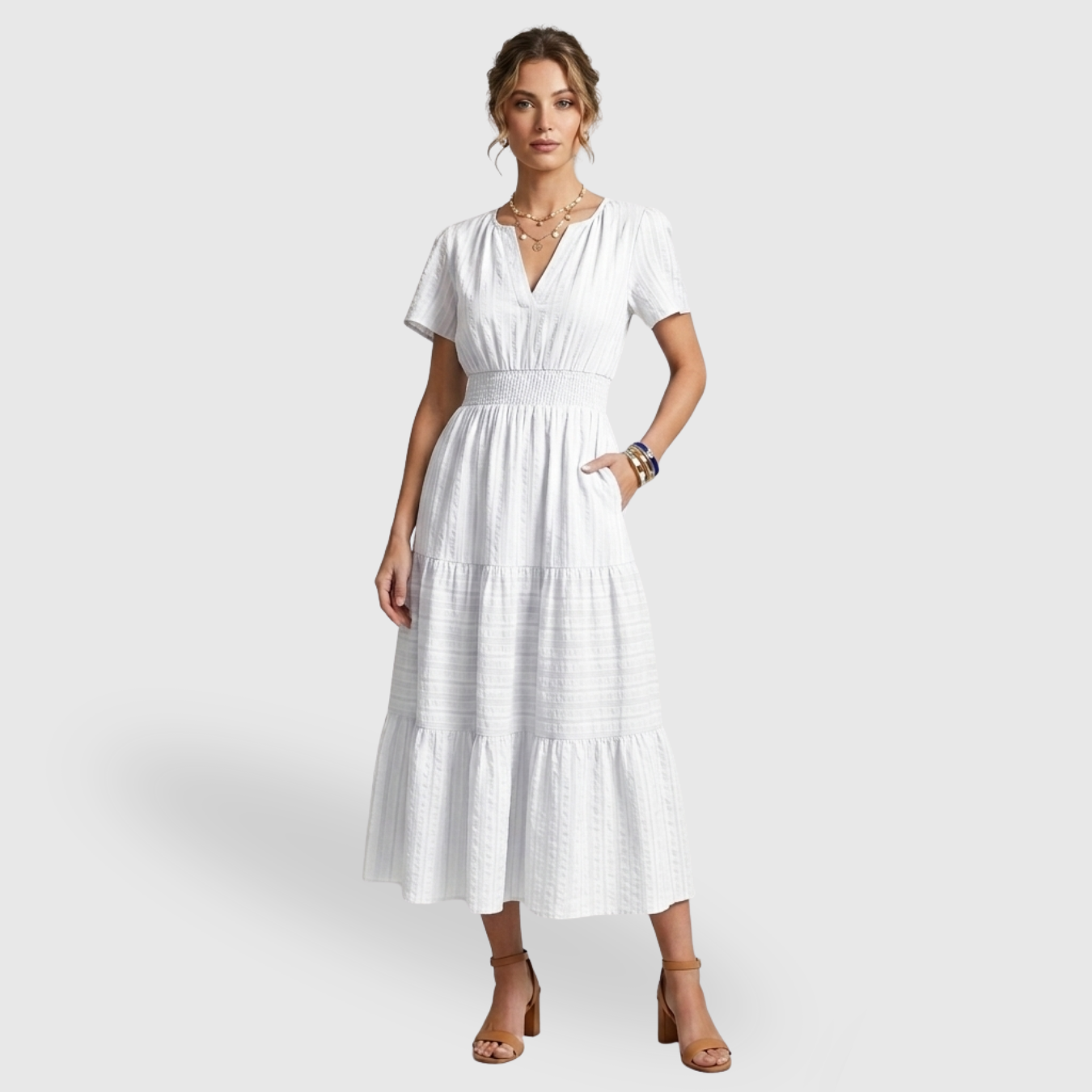 Robe longue femme bohème col V manches courtes coupe fluide