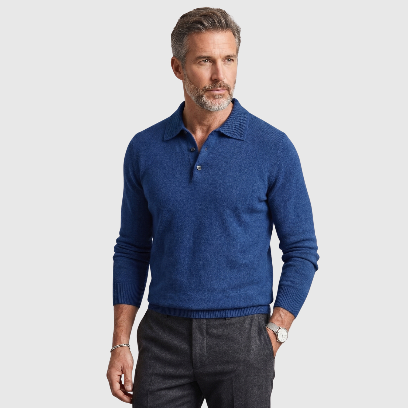 Pull homme laine mérinos col polo boutonné manches longues coupe droite