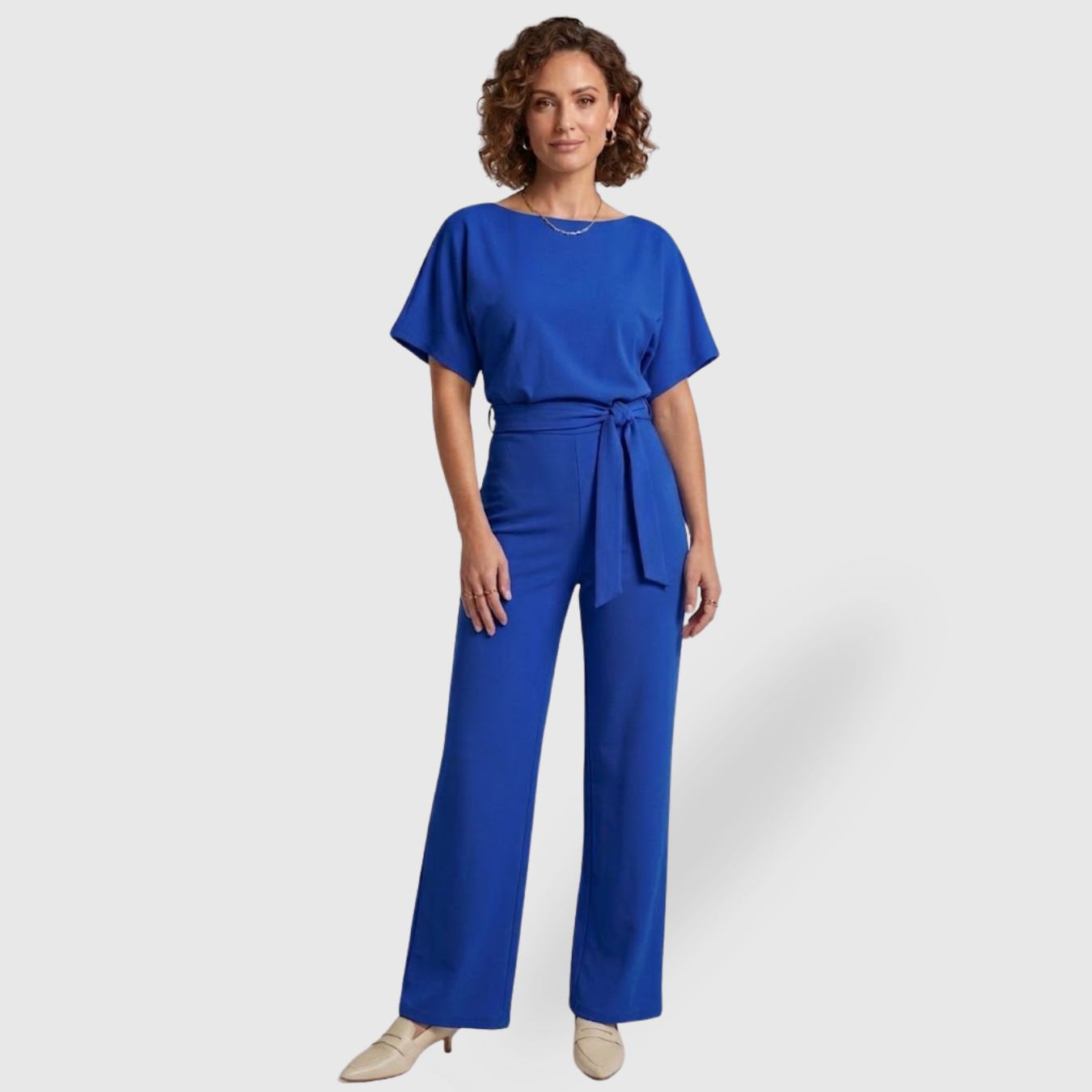 Combinaison pantalon femme manches courtes taille ceinturée coupe large