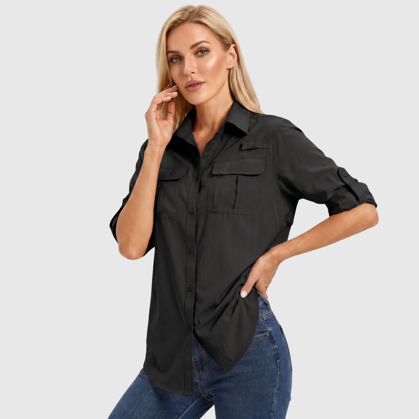 Chemise femme manches longues boutonnée poches safari coupe décontractée