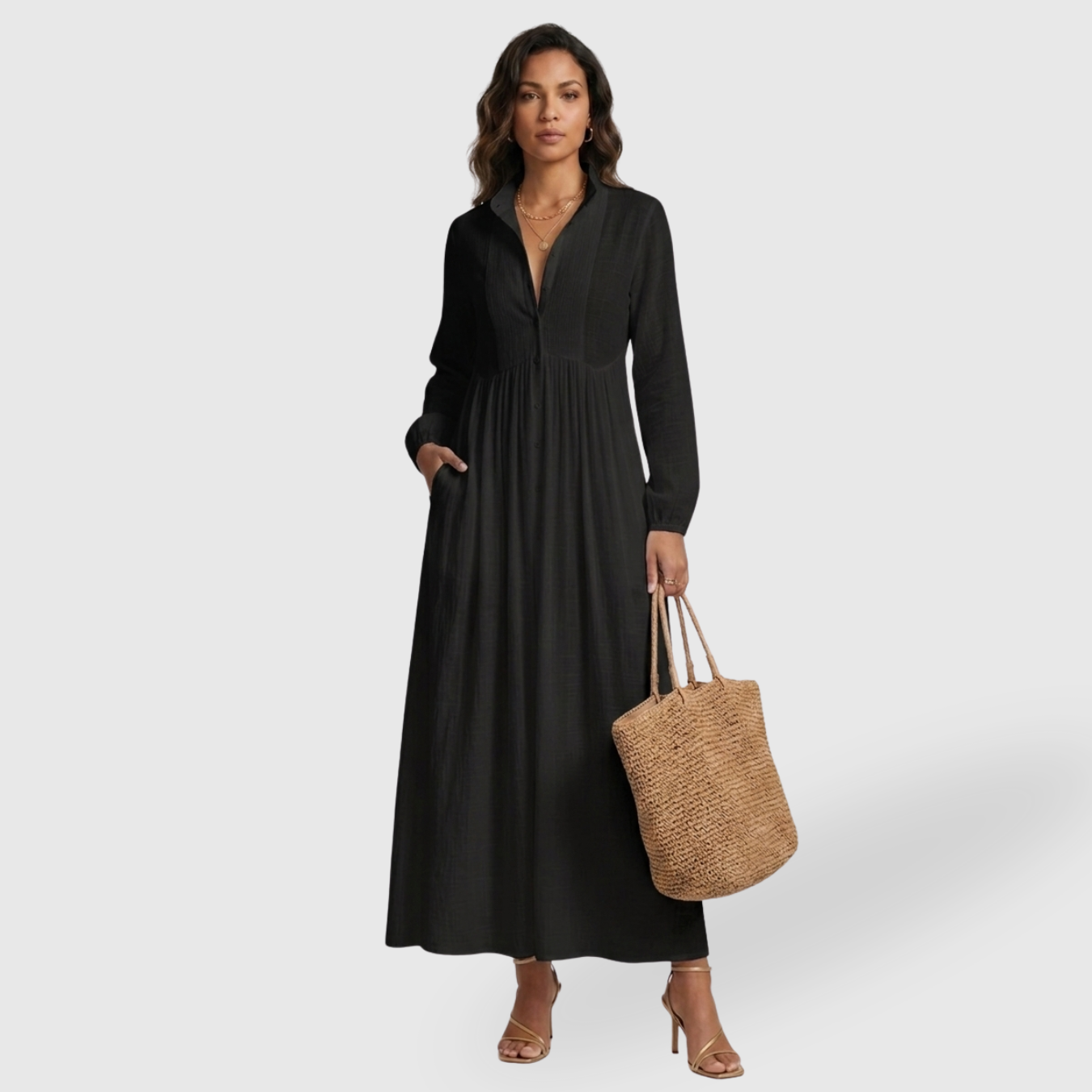 Robe longue femme coton lin col montant manches longues