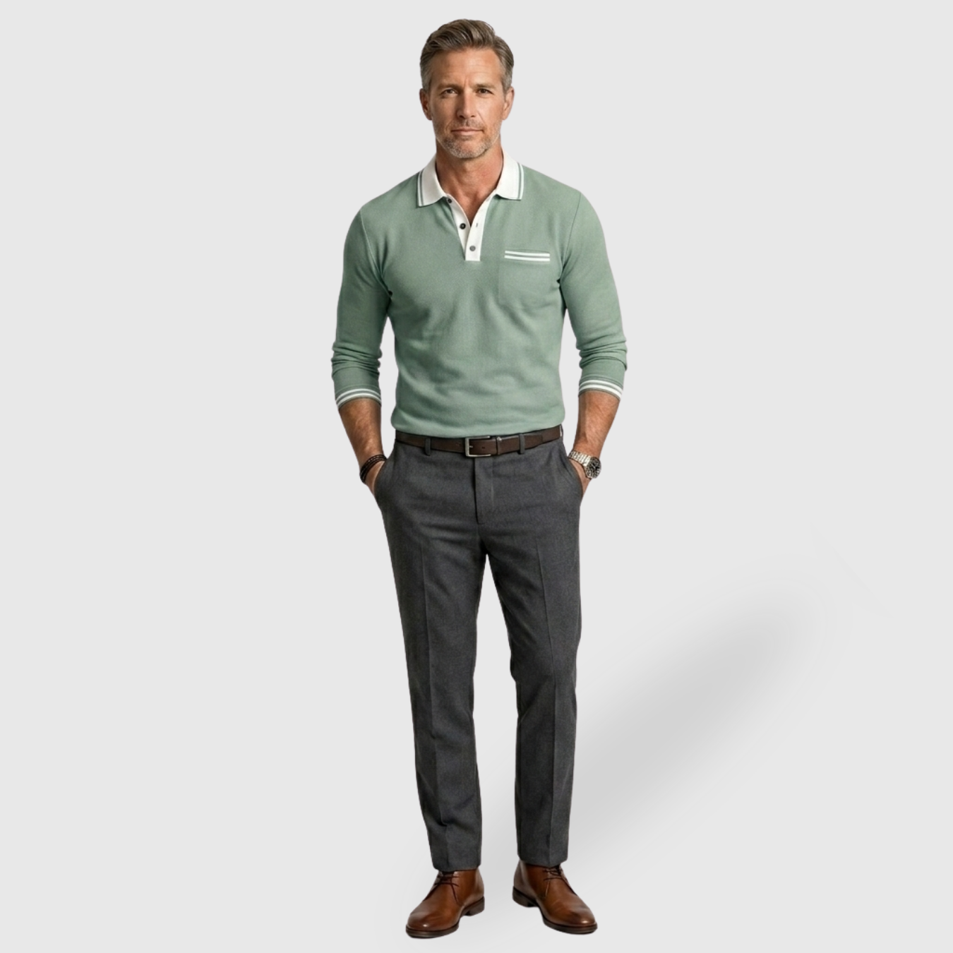 Polo homme manches longues col boutonné coupe ajustée détails contrastés