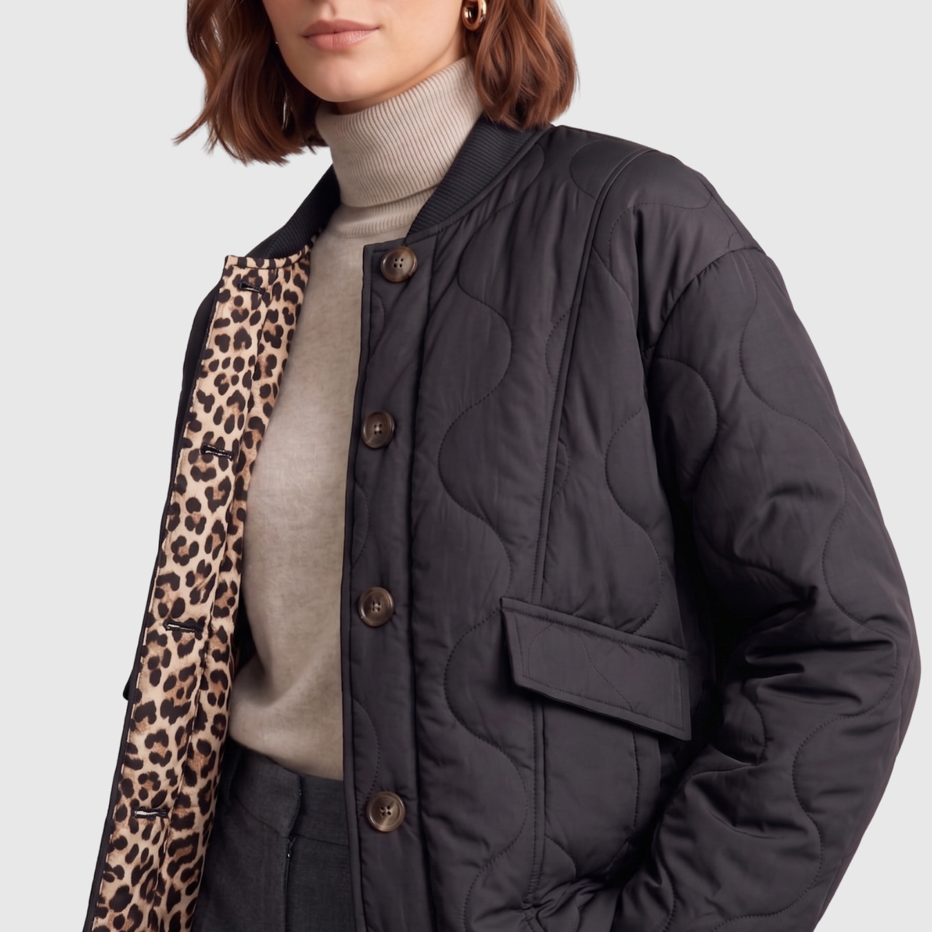 Veste matelassée femme courte col rond boutonnée doublure léopard