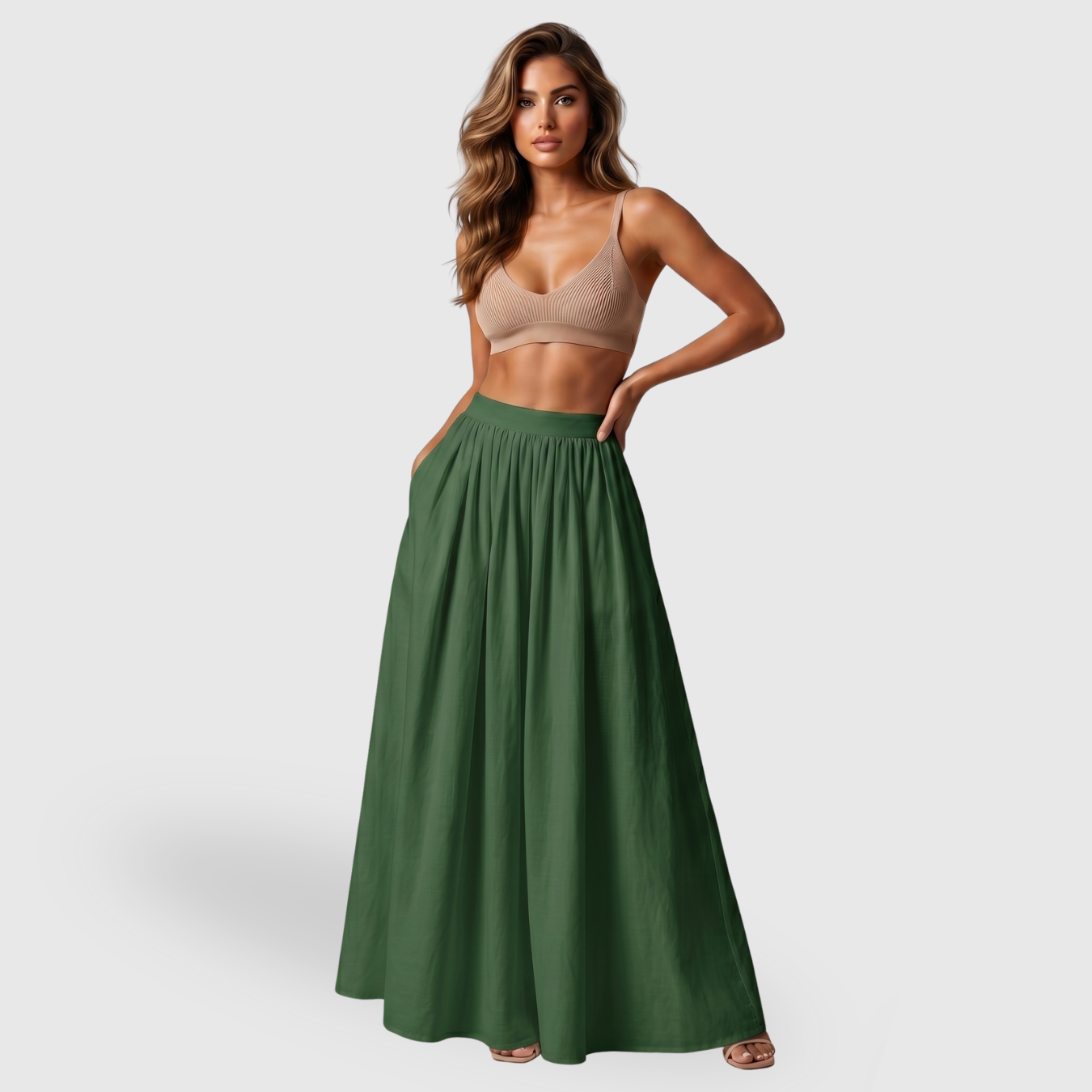 Jupe longue femme en lin taille haute coupe fluide plissée