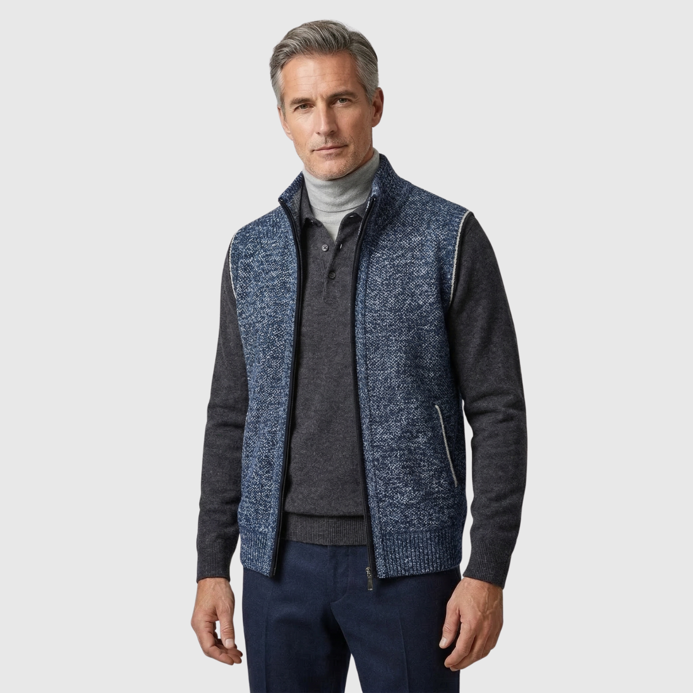 Gilet homme zippé sans manches col montant coupe ajustée tricot