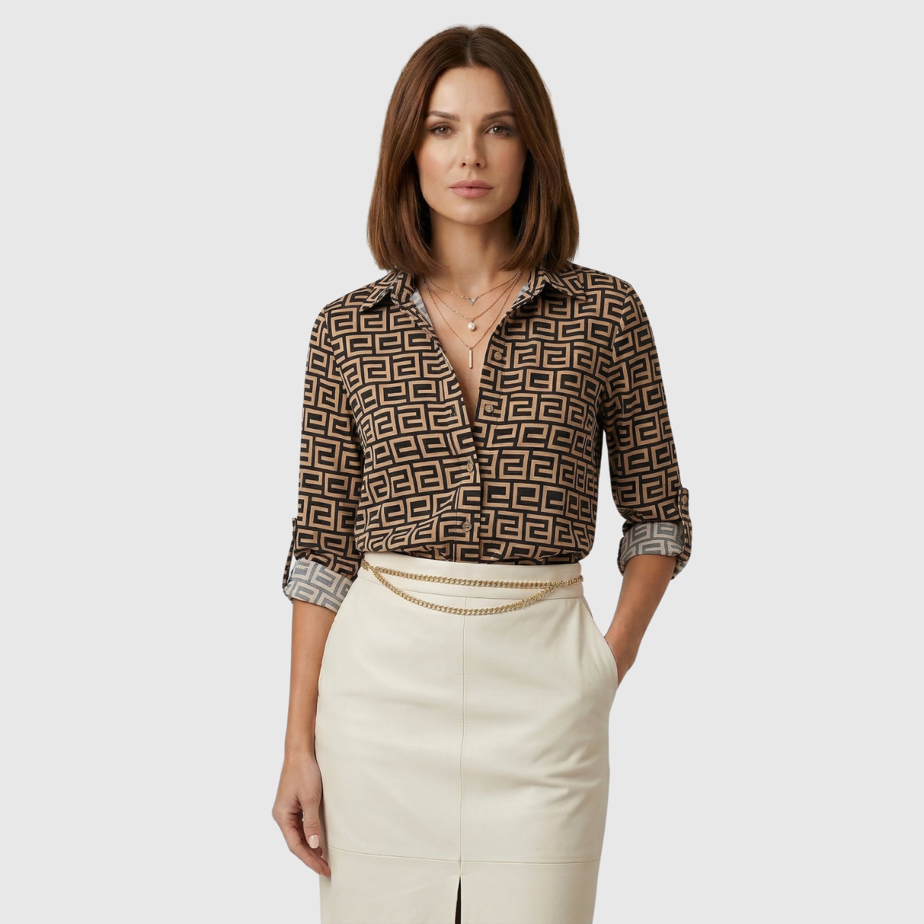 Chemisier femme manches longues imprimé col rabattu coupe fluide boutonné