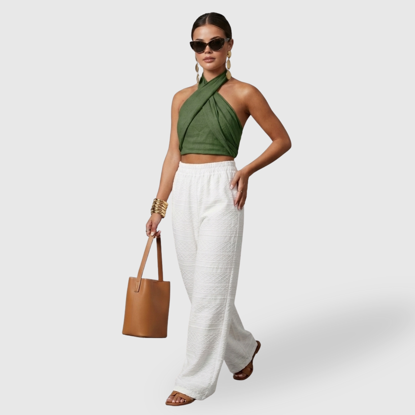 Top femme dos nu coton lin col halter croisé sans manches
