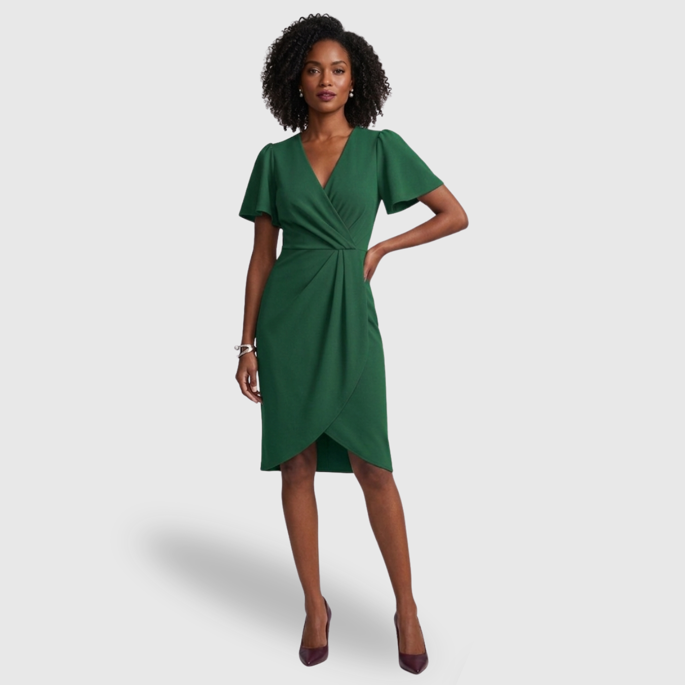 Robe portefeuille femme col en V manches courtes coupe slim longueur midi