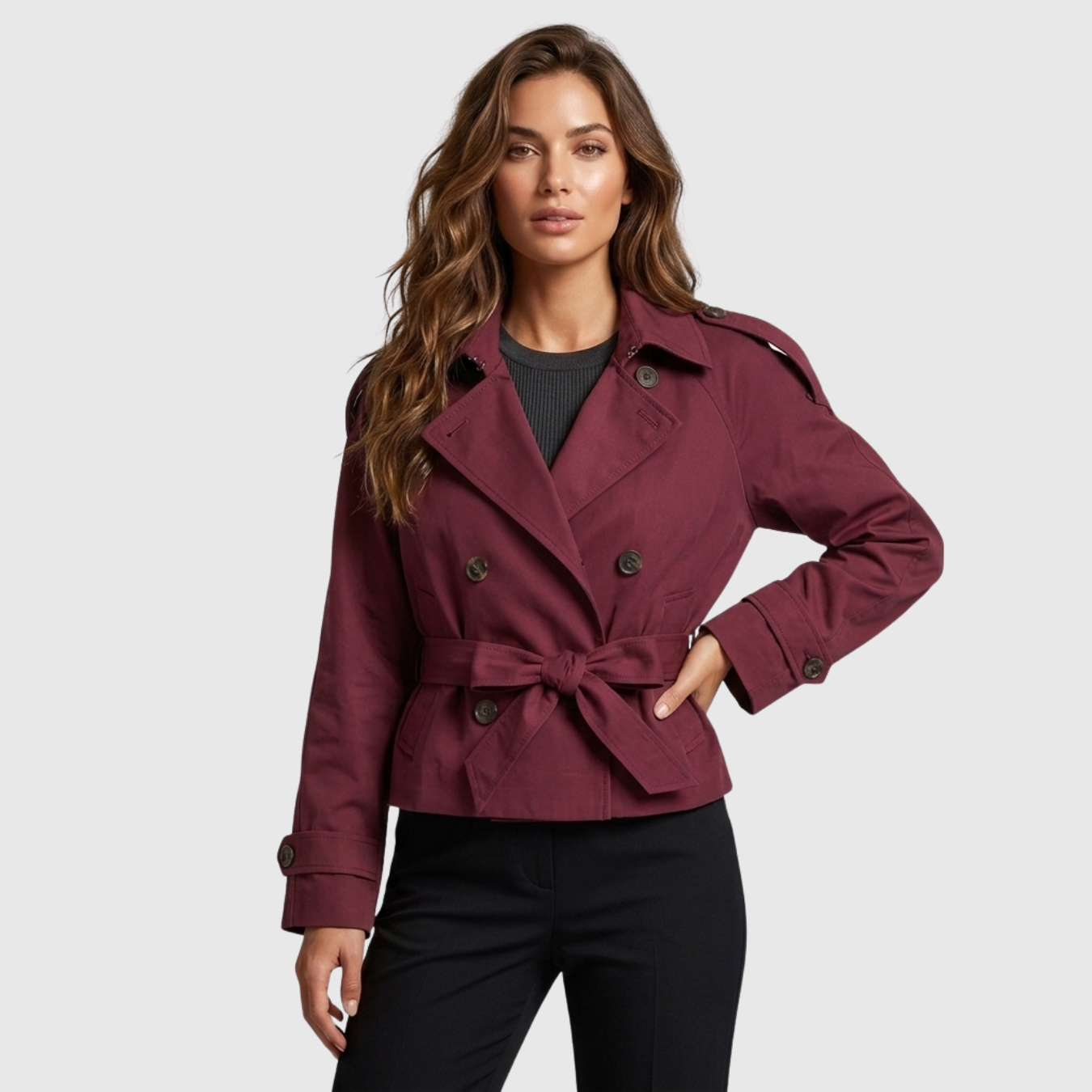 Trench court femme boutonné coupe droite col montant
