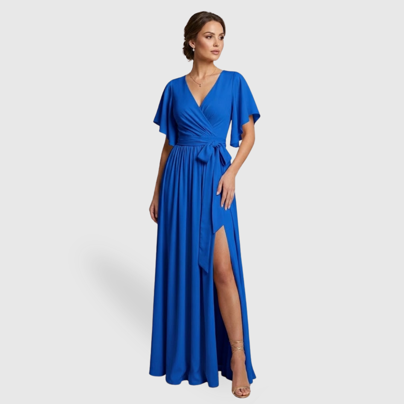 Robe demoiselle d’honneur longue portefeuille manches volantées formelle