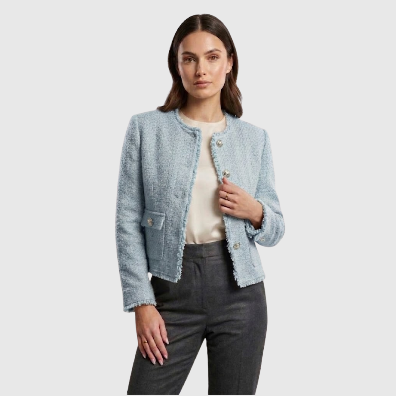 Veste femme tweed cintrée boutonnée col rond manches longues