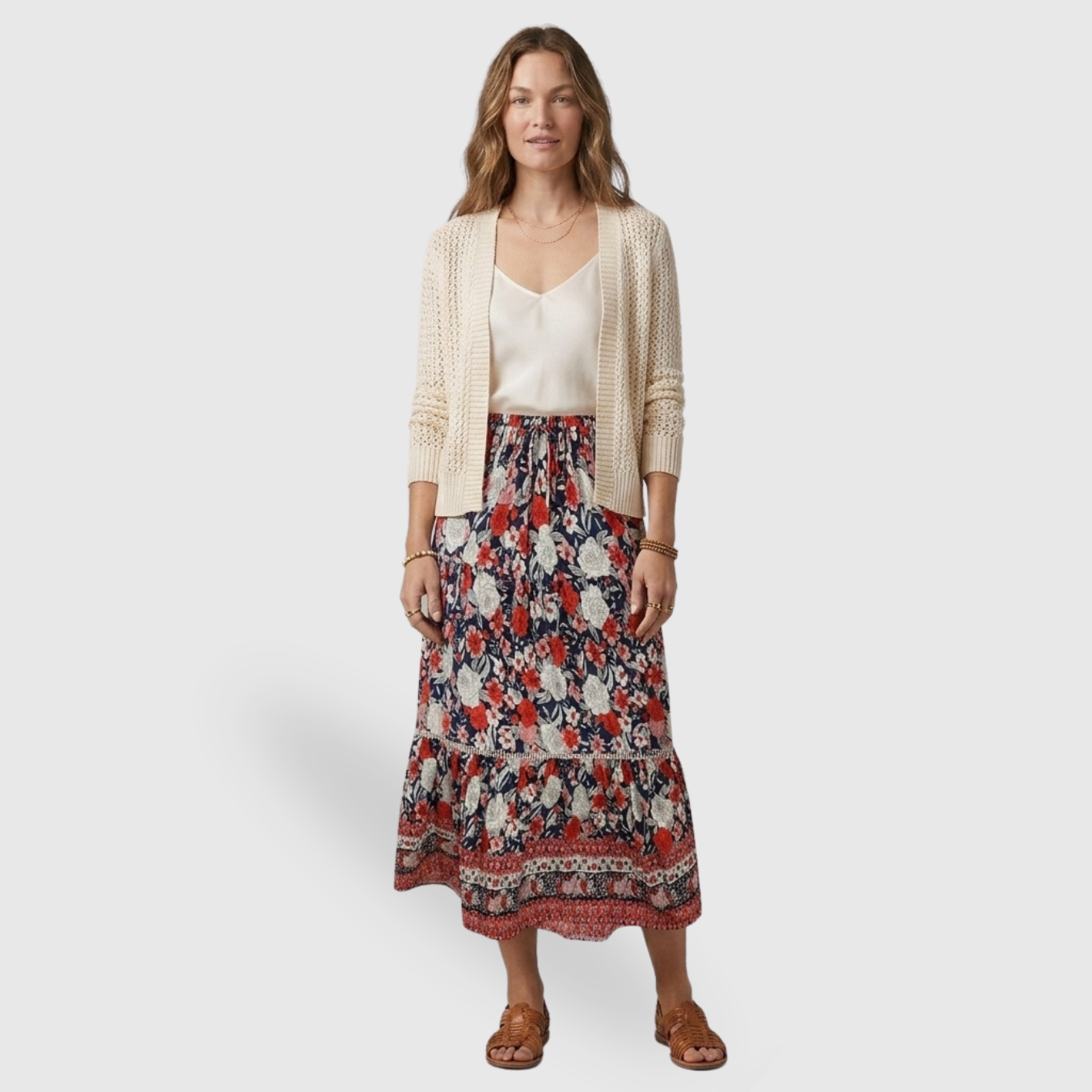 Jupe longue femme imprimée florale taille haute coupe fluide