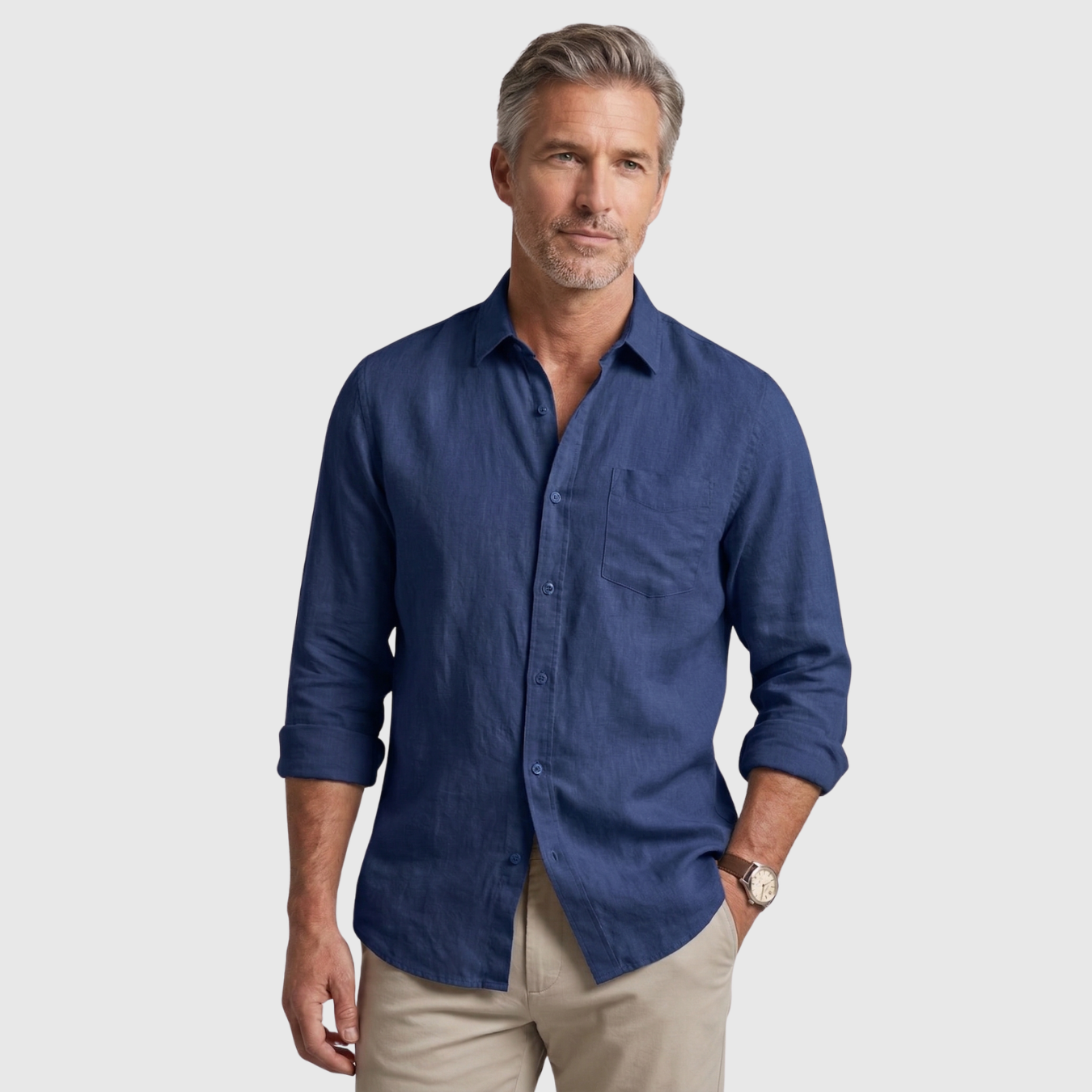 Chemise homme en lin manches longues col boutonné coupe légère été