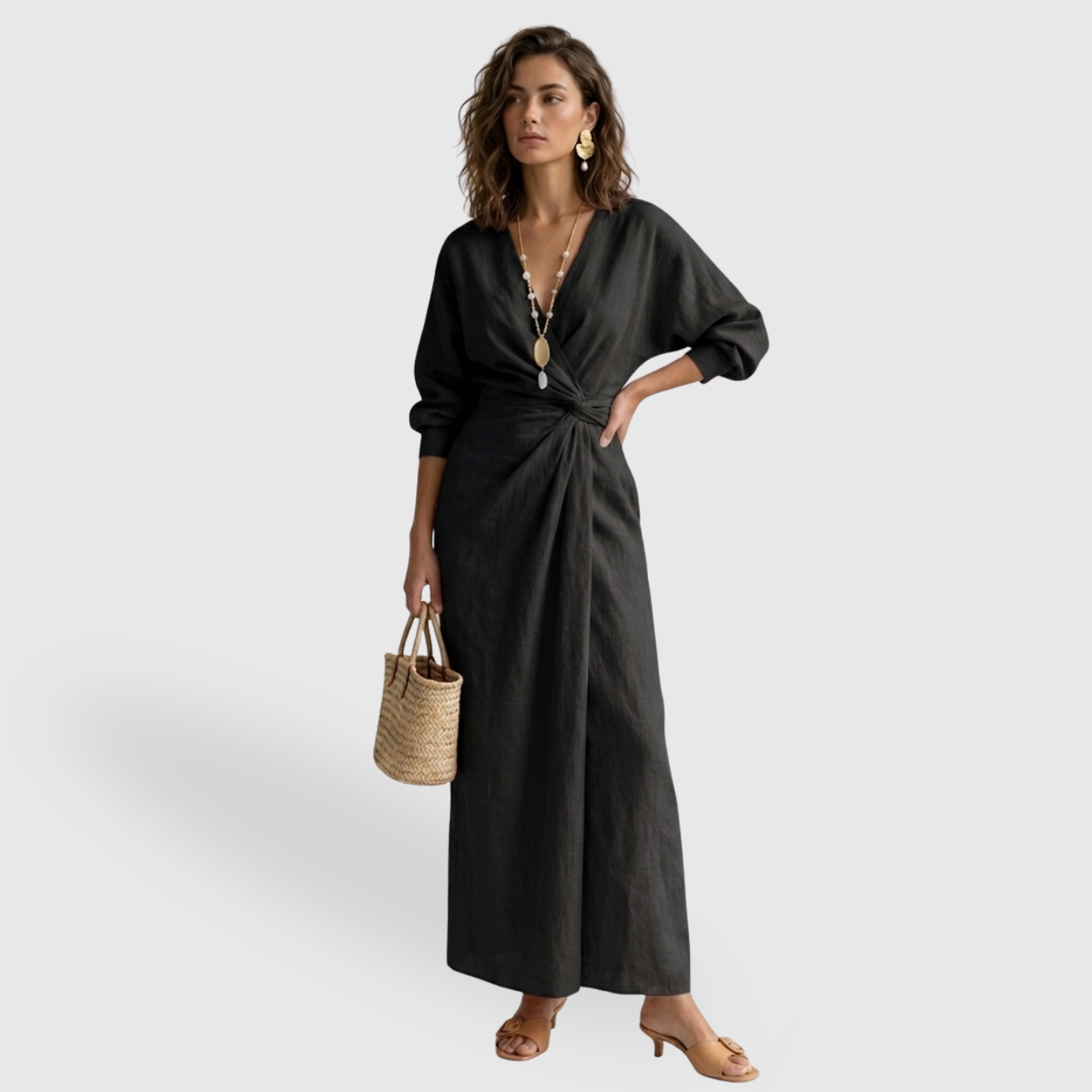 Robe longue femme mélange lin col V drapée manches longues