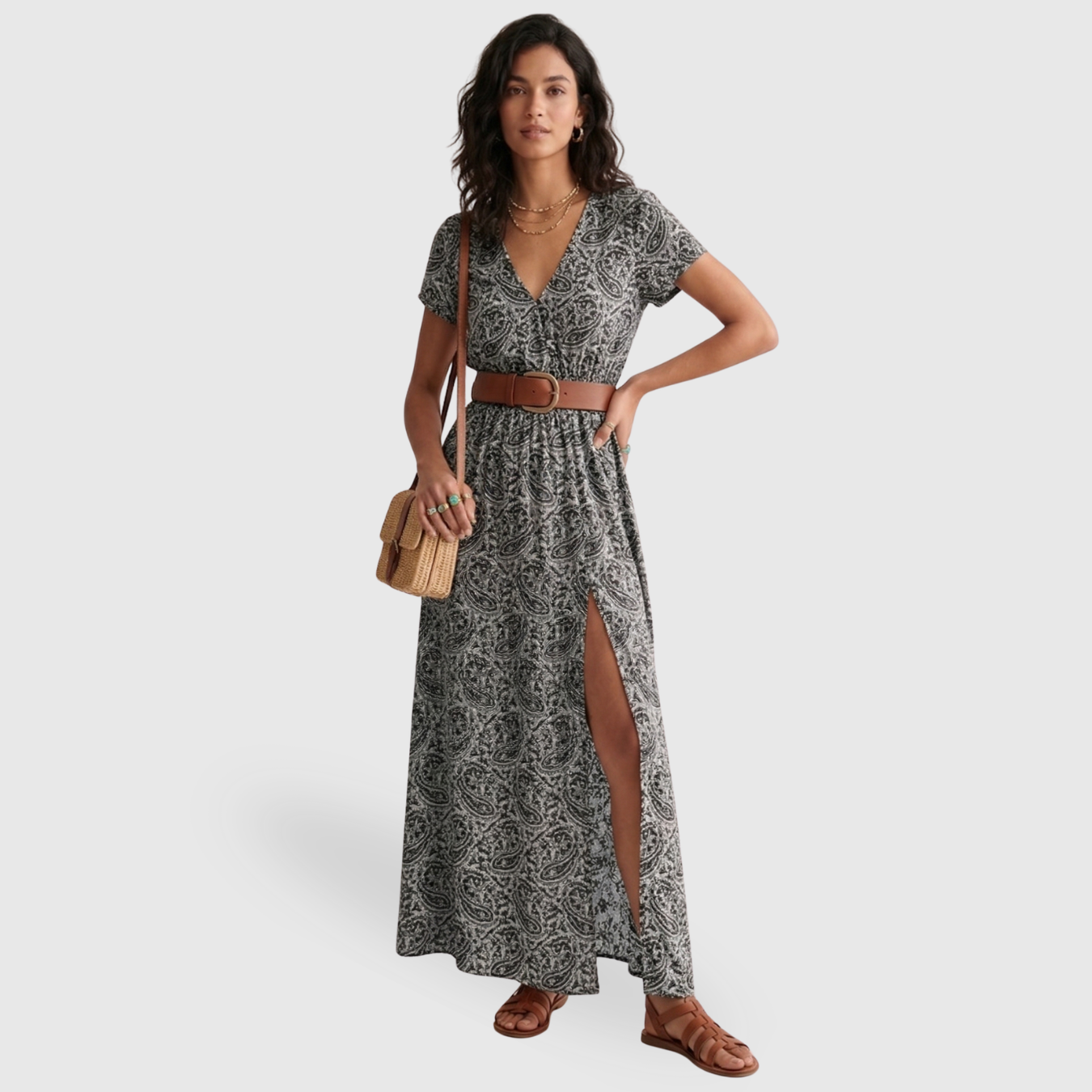 Robe longue femme bohème manches courtes col en V coupe fluide été