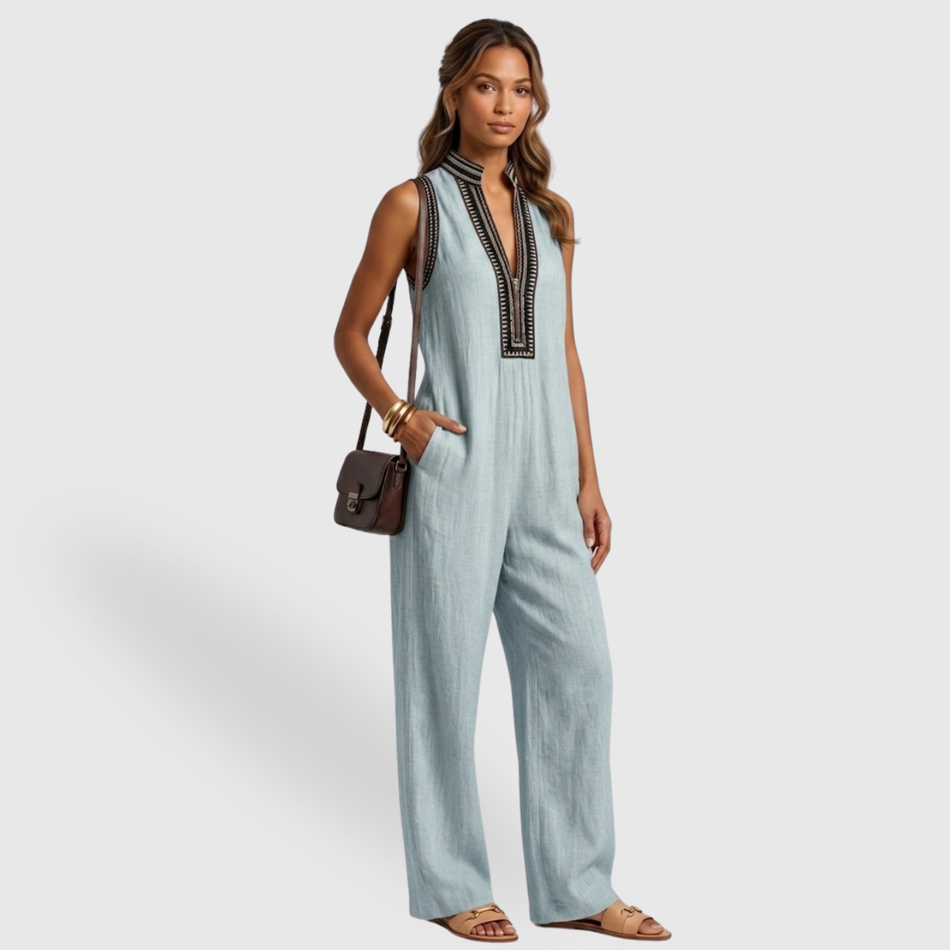 Combinaison femme sans manches mélange lin col montant zippé