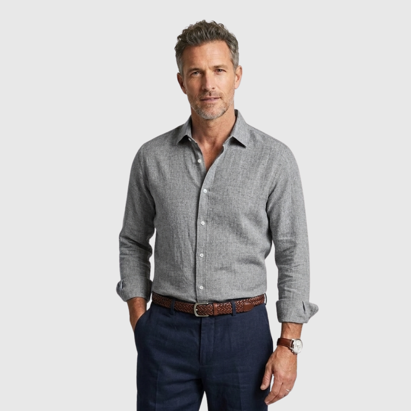 Chemise homme en lin manches longues col boutonné coupe décontractée été