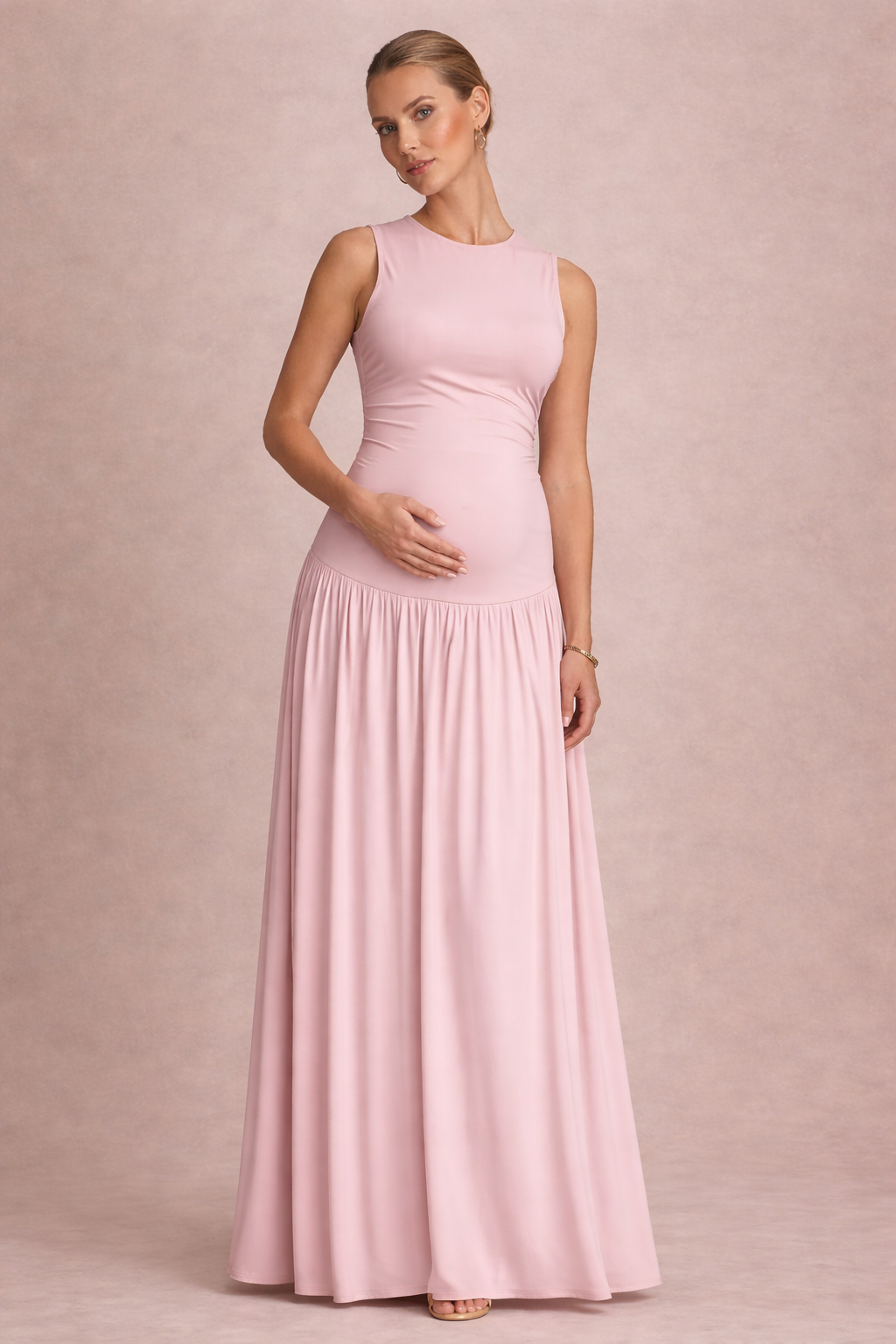 Robe Maxi Maternité Sans Manches Col Rond Plissée