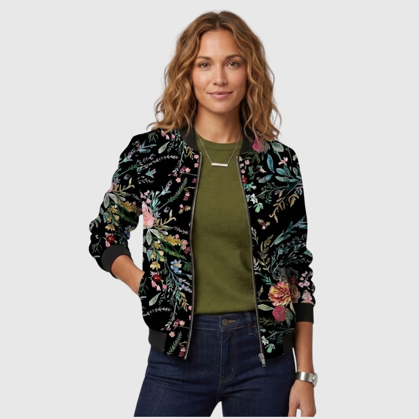 Blouson bomber femme imprimé floral fermeture zippée manches longues