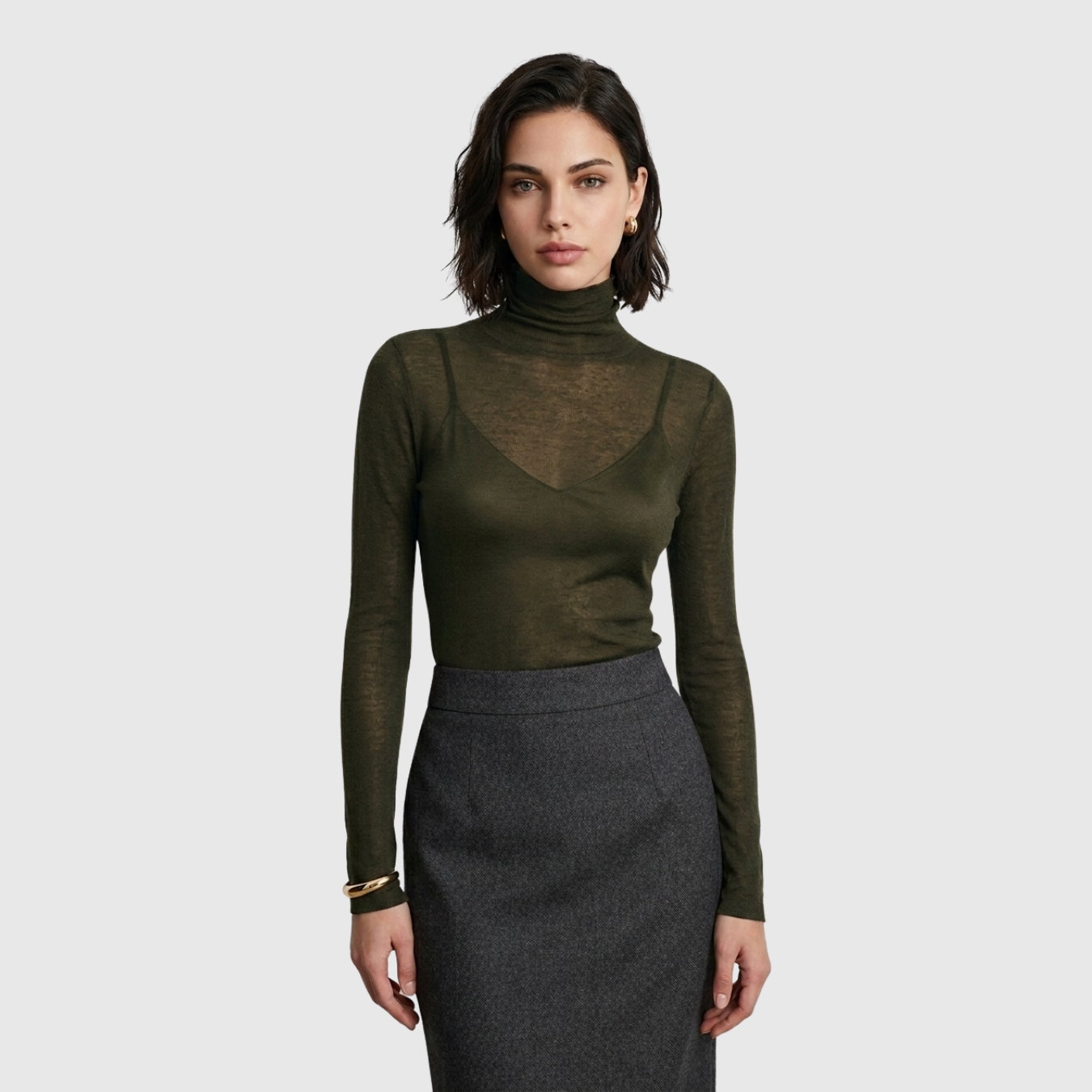 Pull col roulé femme laine mélangée maille fine transparente