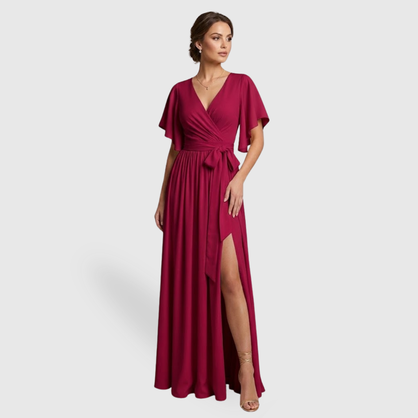 Robe demoiselle d’honneur longue portefeuille manches volantées formelle