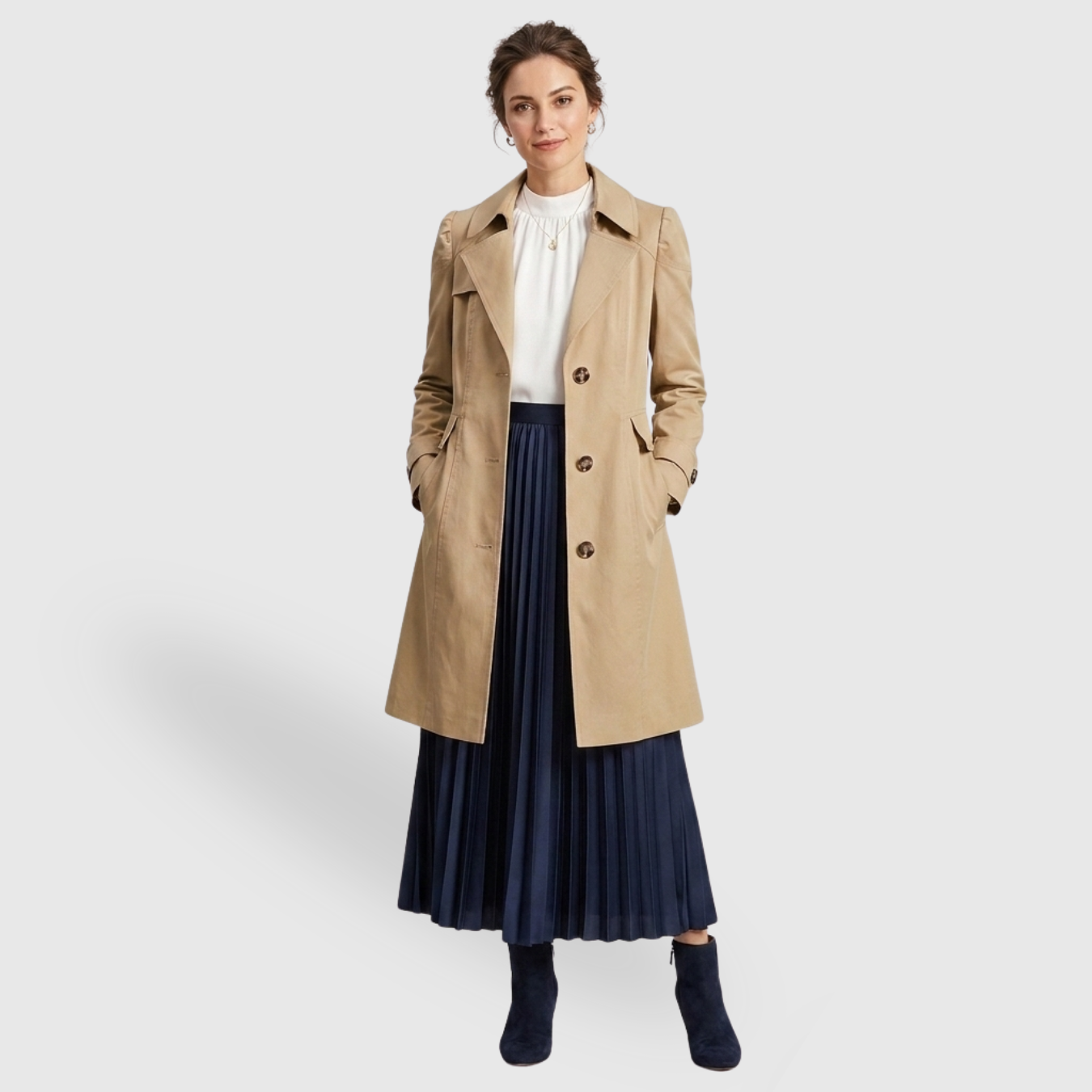Trench femme ceinturé mi-long à boutons coupe ajustée
