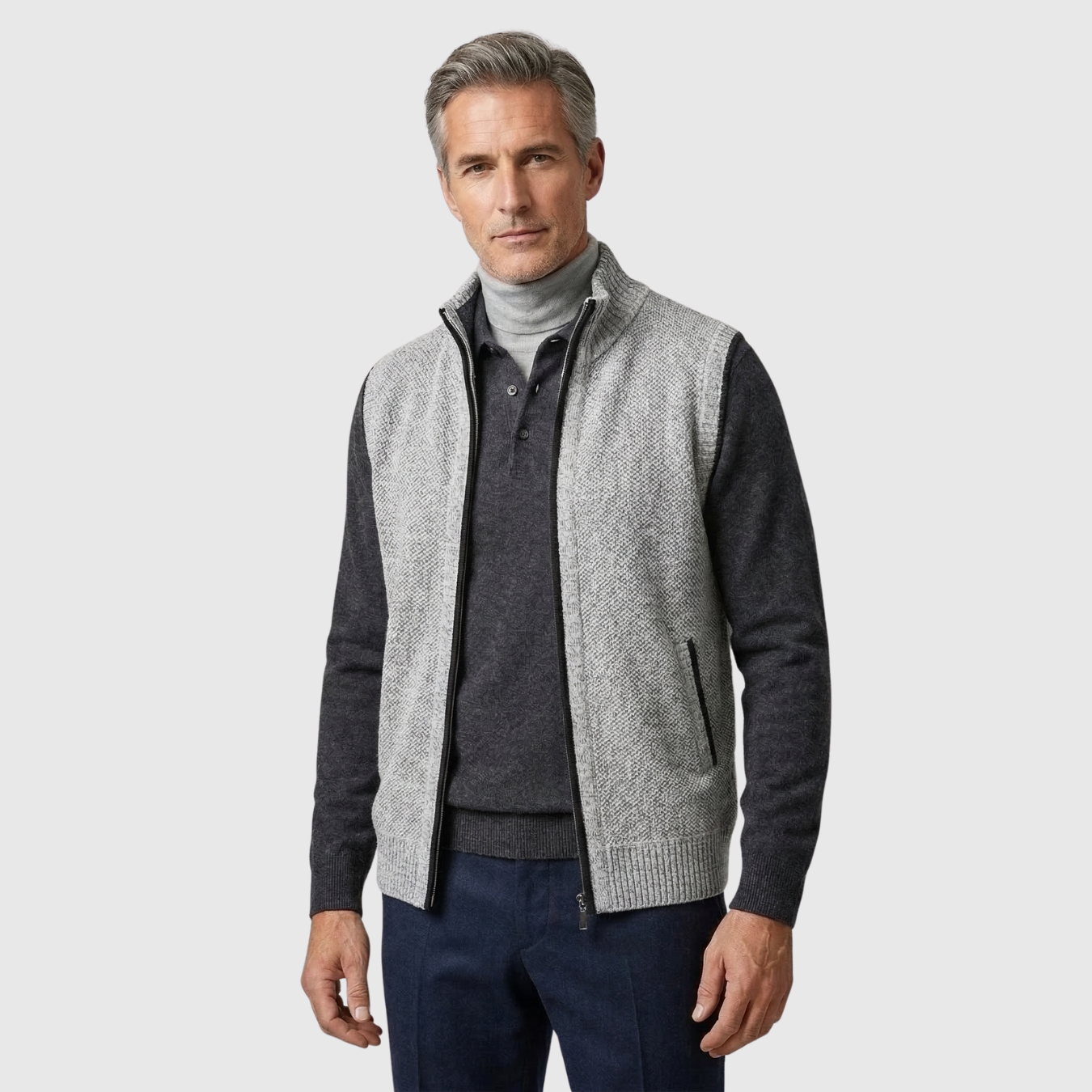 Gilet homme zippé sans manches col montant coupe ajustée tricot