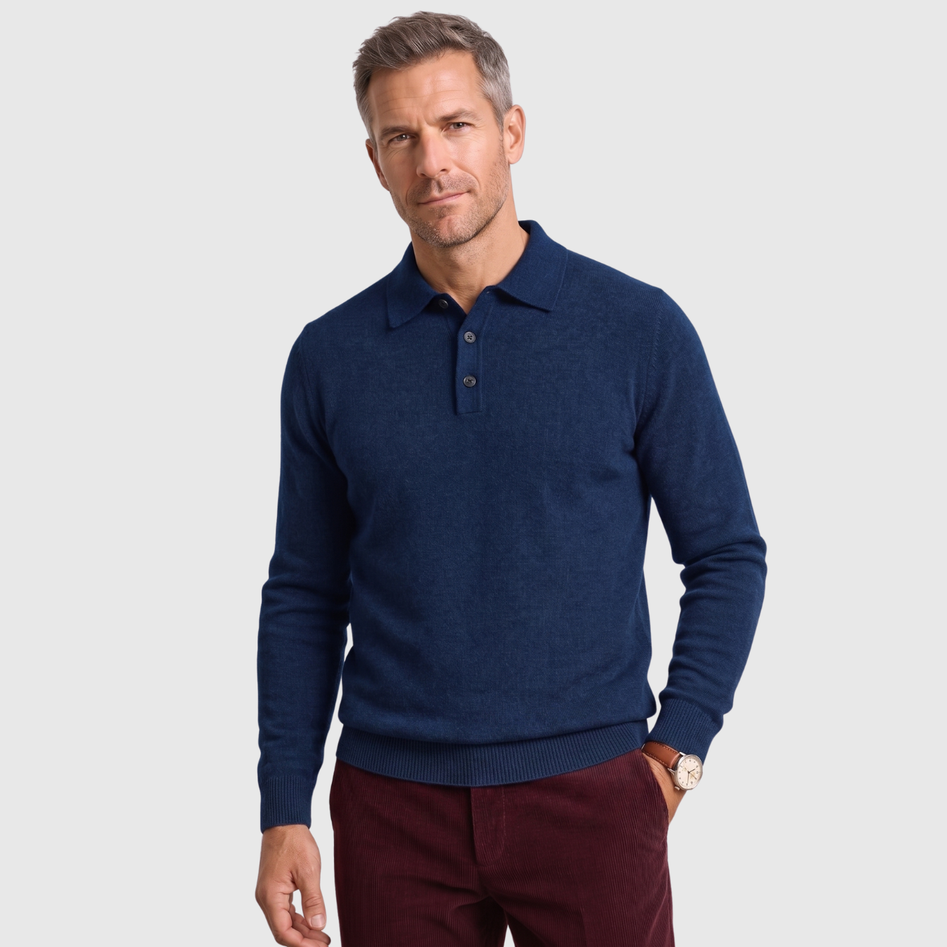 Pull homme col polo laine mérinos manches longues coupe ajustée