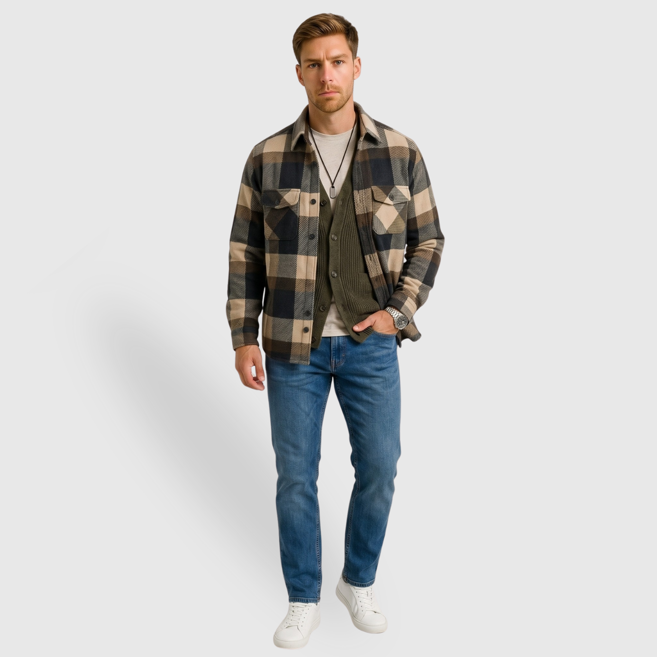 Chemise homme à carreaux coton polyester manches longues coupe décontractée