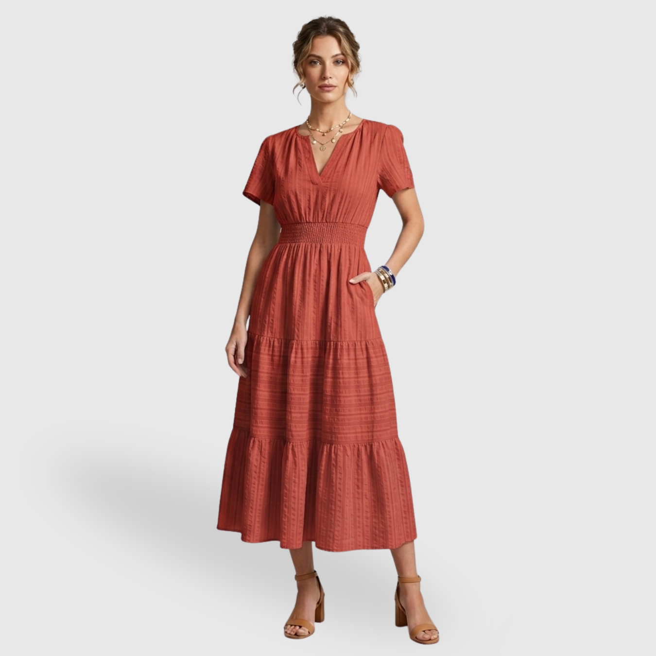 Robe longue femme bohème col V manches courtes coupe fluide