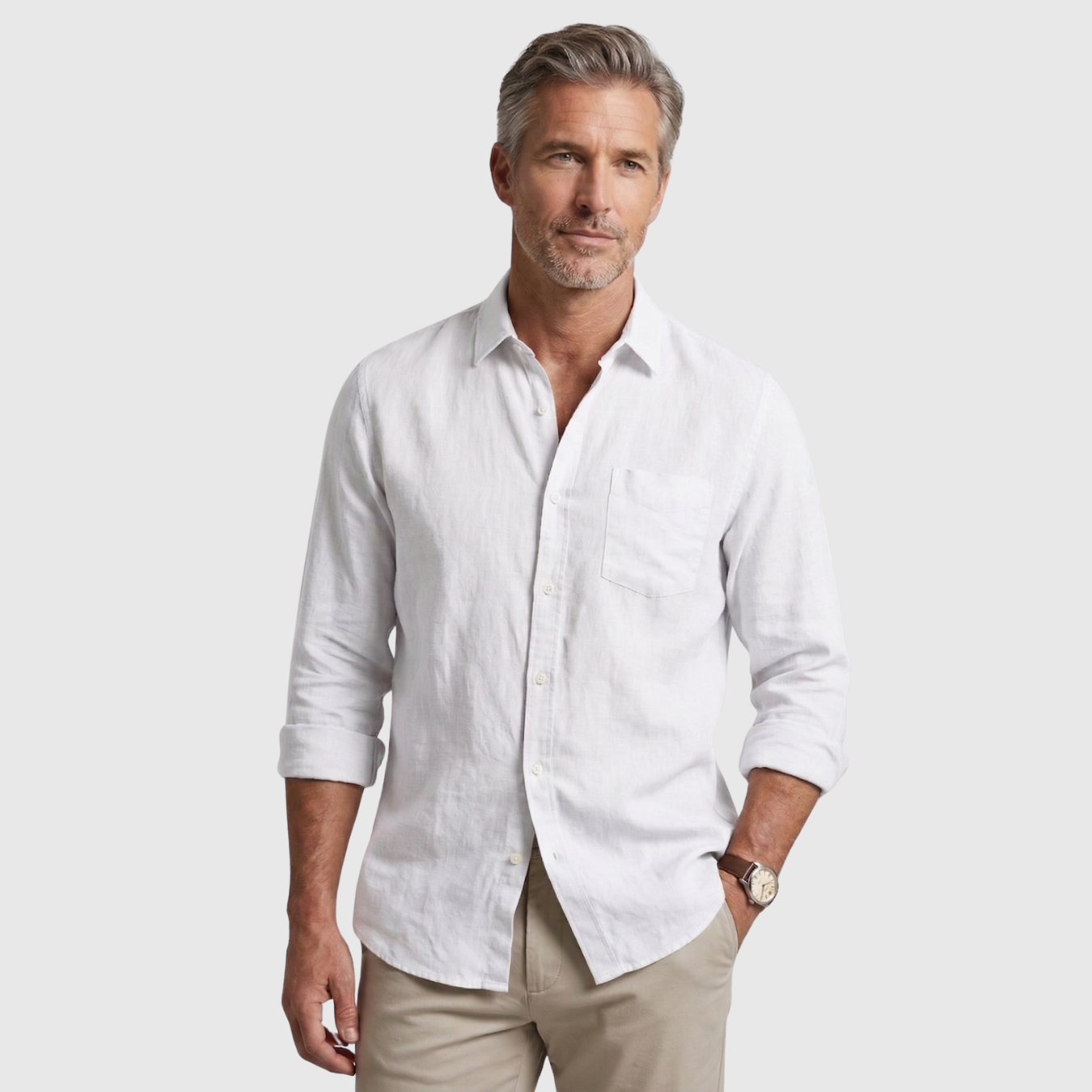 Chemise homme en lin manches longues col boutonné coupe légère été