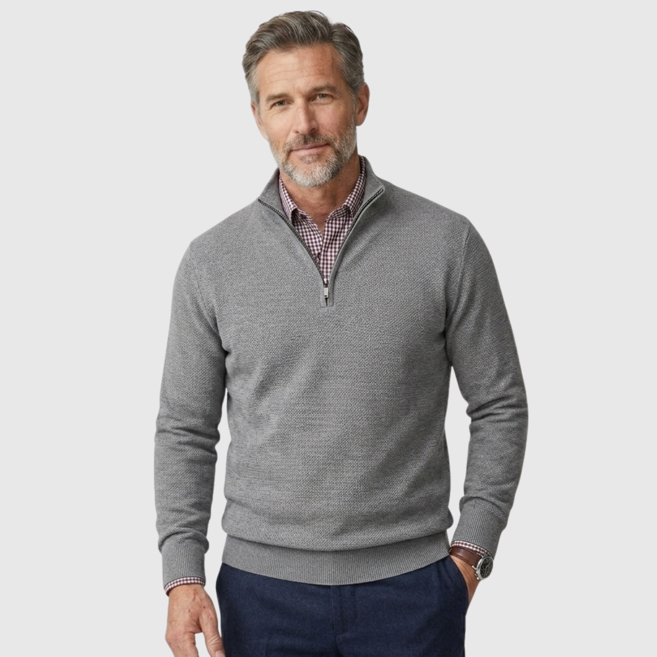 Pull homme col zippé demi-zip manches longues coupe ajustée