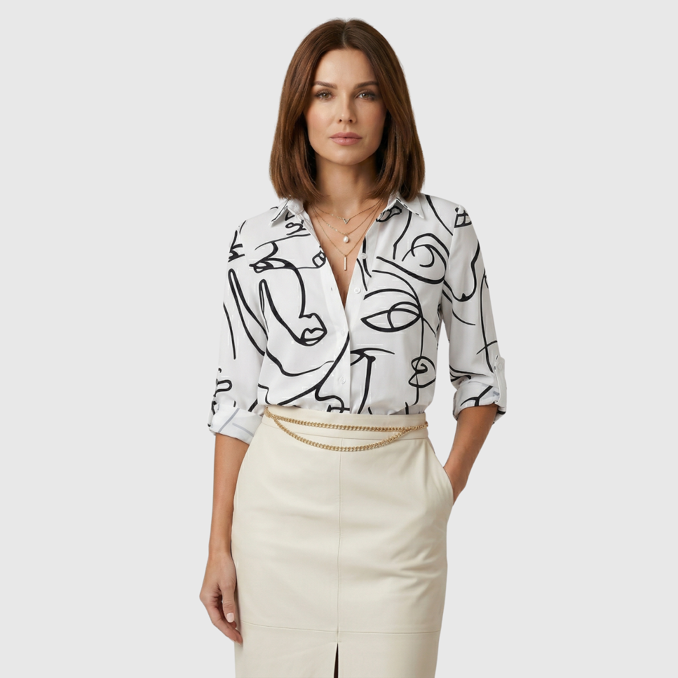Chemisier femme manches longues imprimé col rabattu coupe fluide boutonné