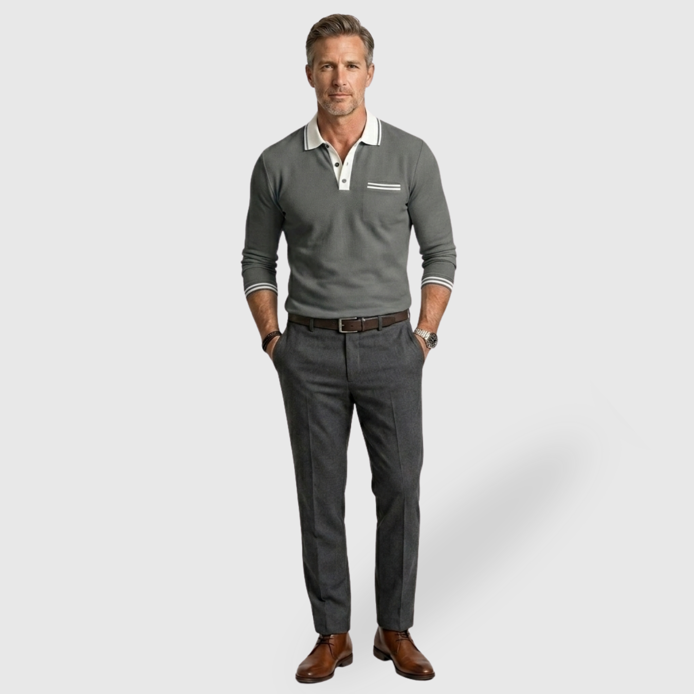 Polo homme manches longues col boutonné coupe ajustée détails contrastés