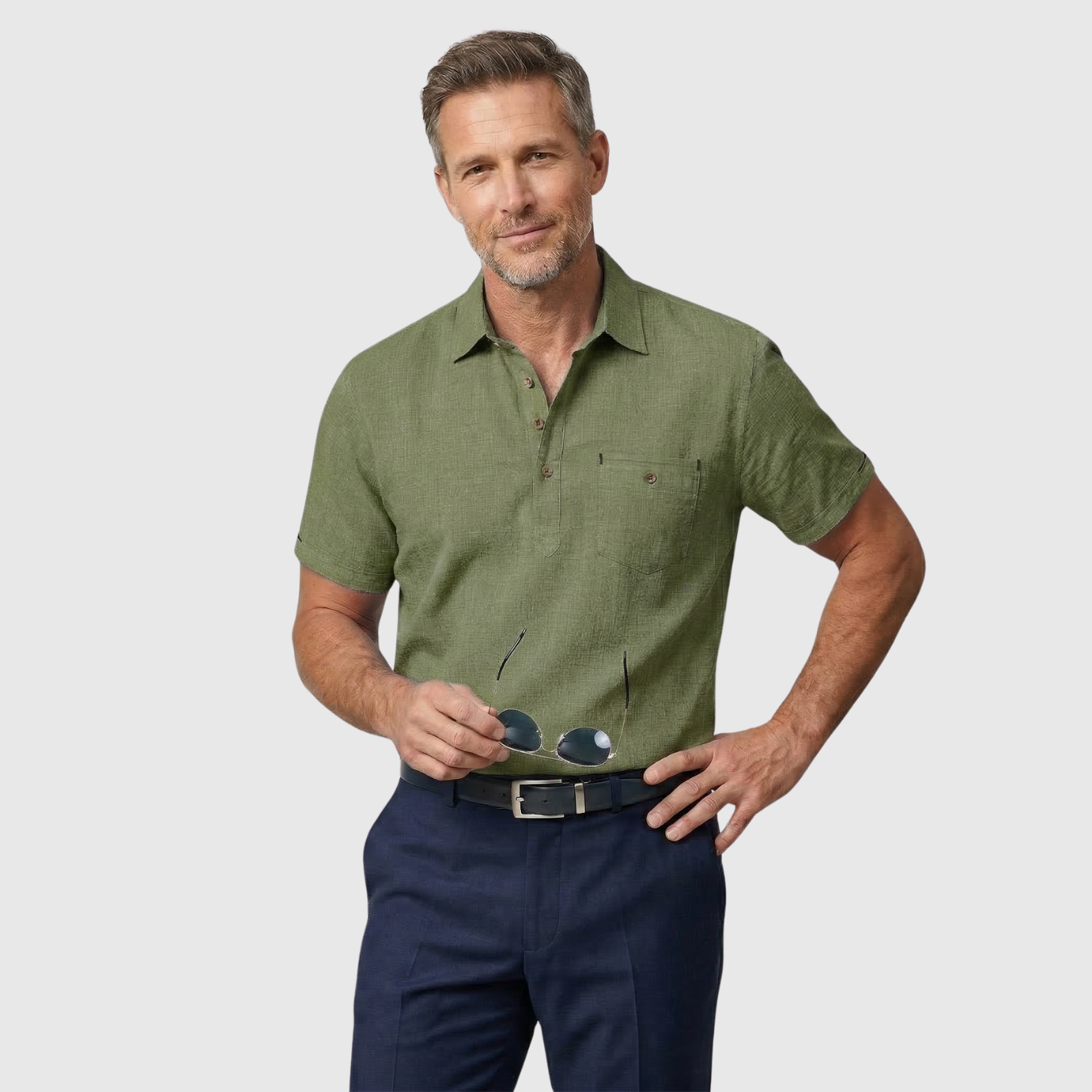 Polo homme en lin manches courtes col boutonné coupe décontractée été