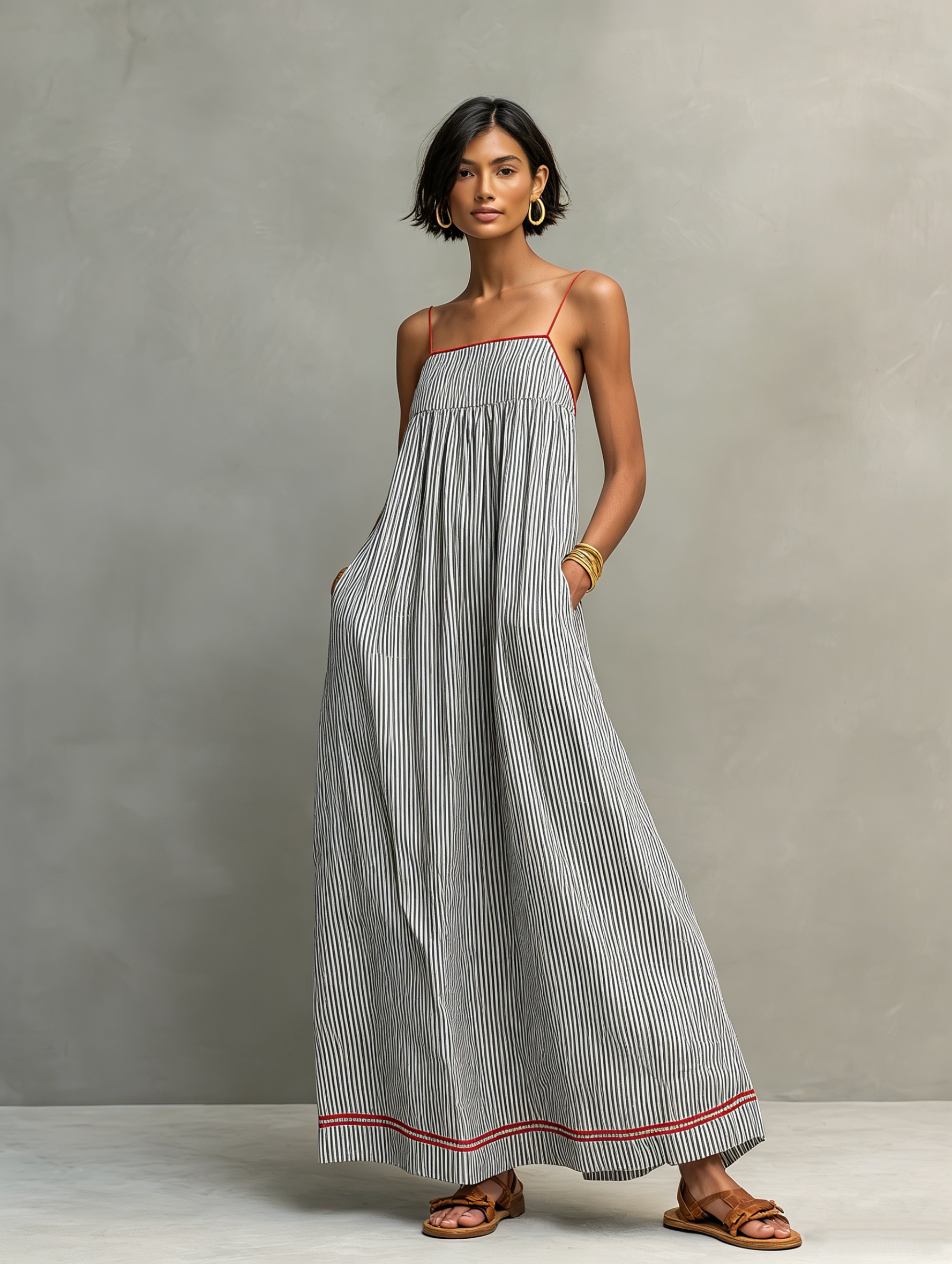 Robe maxi femme rayée minimaliste bretelles spaghetti