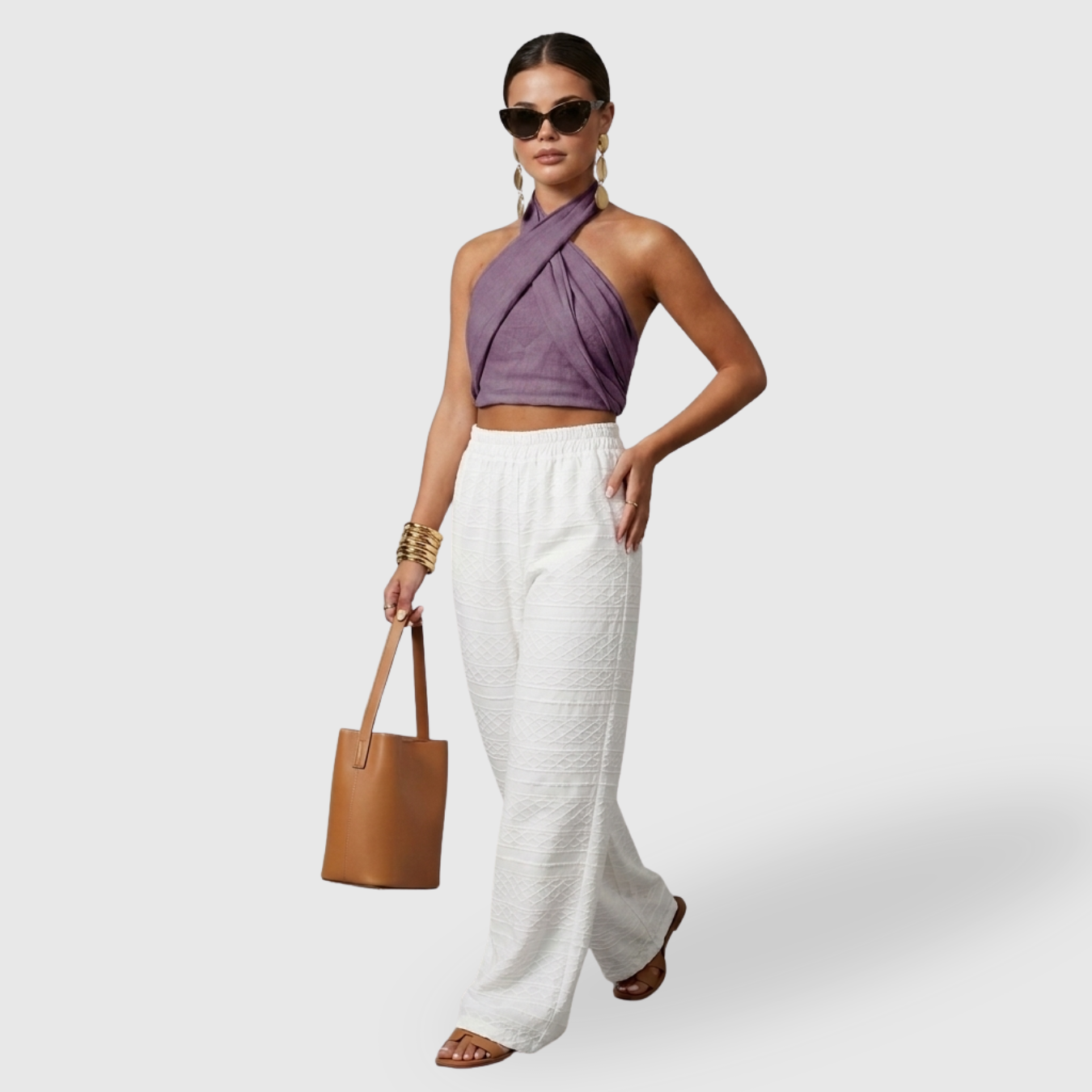 Top femme dos nu coton lin col halter croisé sans manches