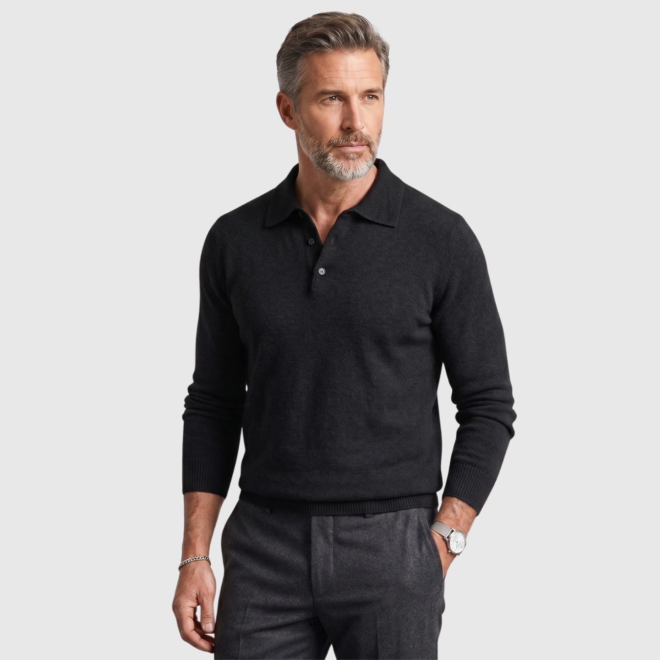 Pull homme laine mérinos col polo boutonné manches longues coupe droite
