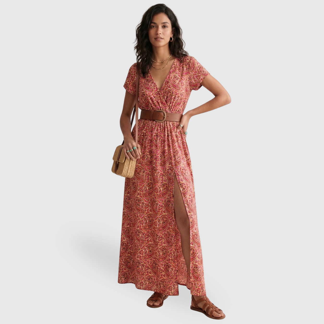 Robe longue femme bohème manches courtes col en V coupe fluide été