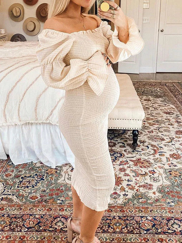 Robe Midi Maternité Épaules Dénudées Volants Manches Longues