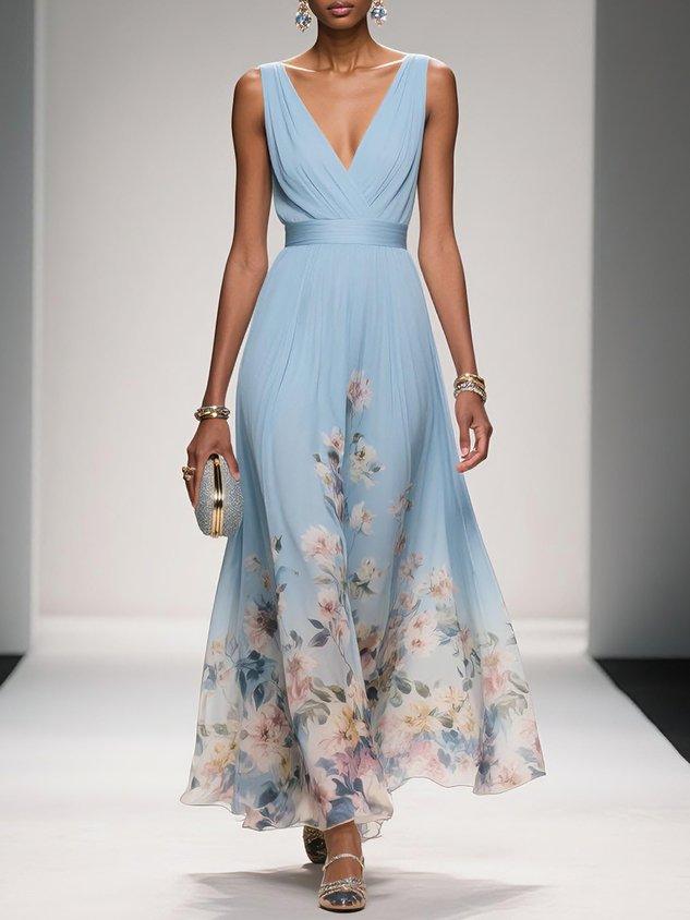Robe Longue Femme Imprimée Fleurie Col V Cérémonie Mariage