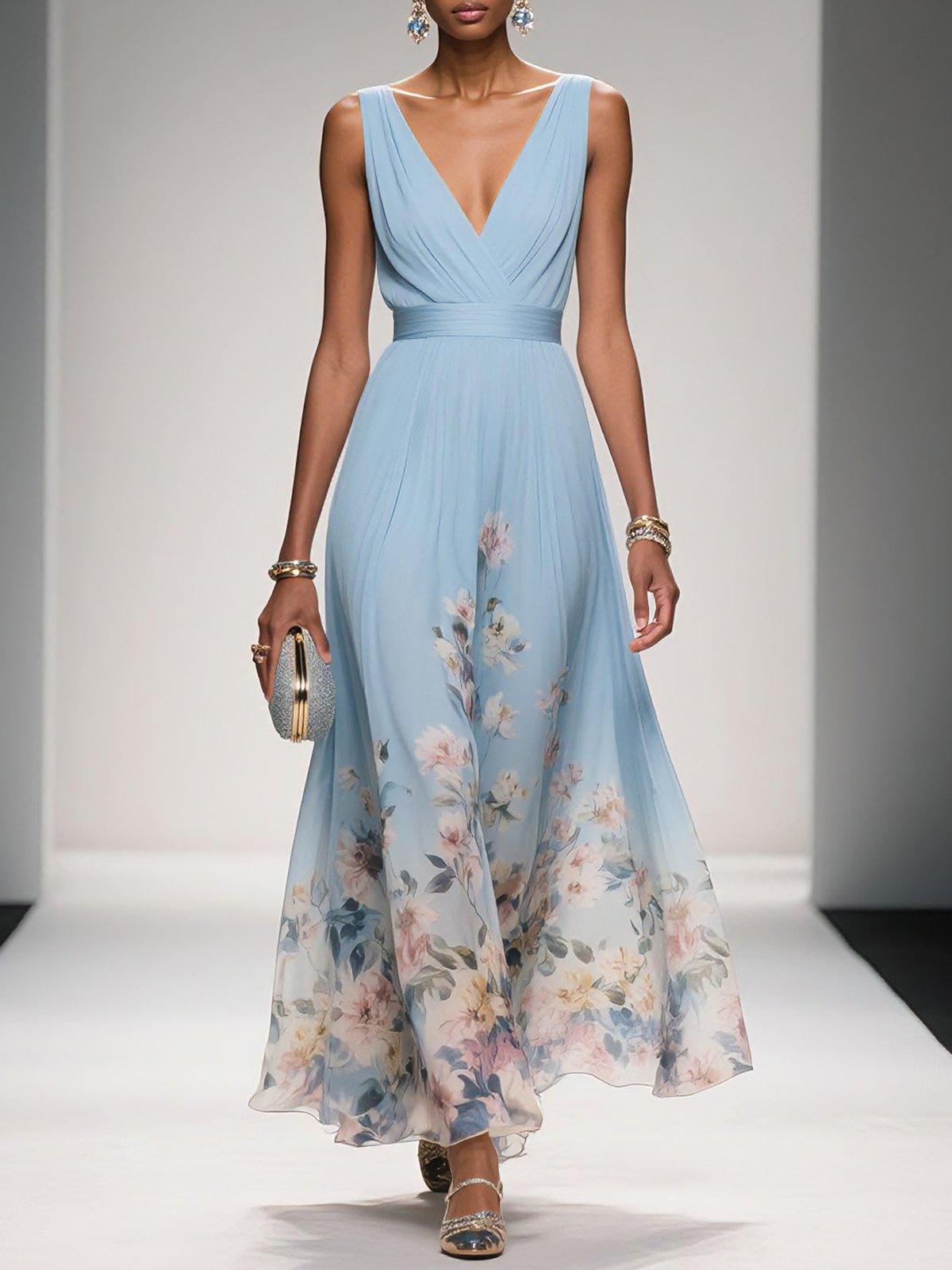 Robe Longue Femme Imprimée Fleurie Col V Cérémonie Mariage