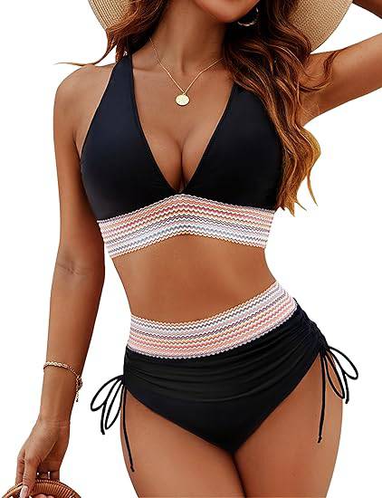 Bikini femme taille haute gainant colorblock réglable