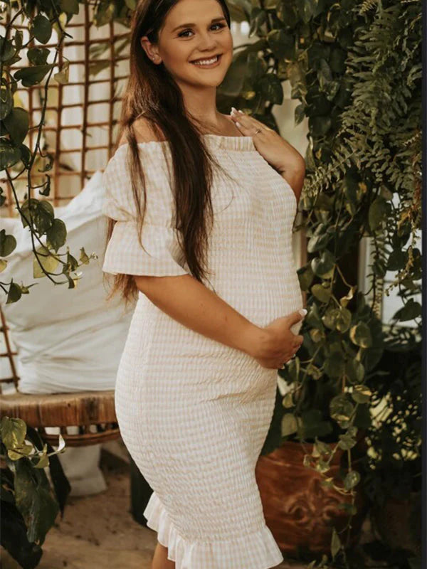 Robe Midi Maternité Épaules Dénudées Volants Manches Longues