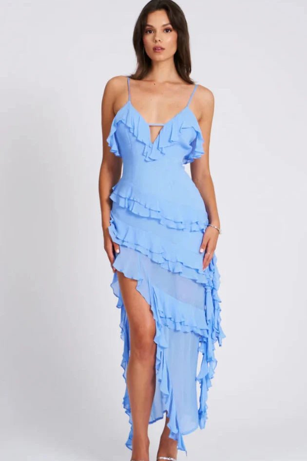 Robe femme à volants bretelles asymétrique légère
