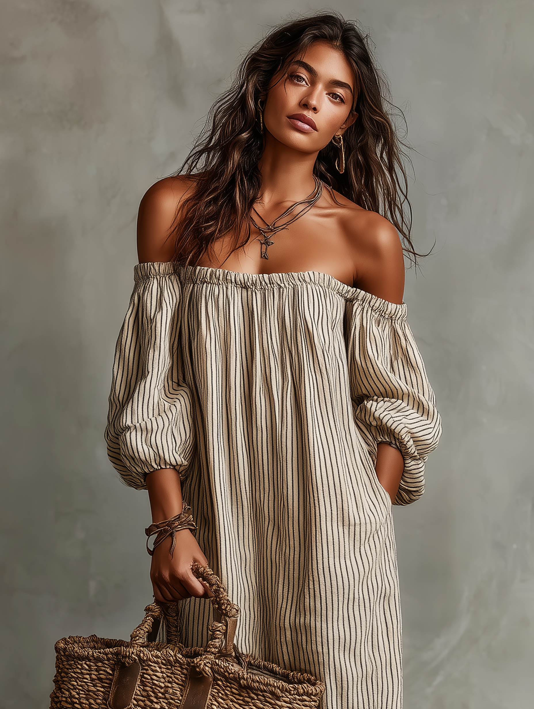 Robe maxi femme lin coton épaules dénudées manches longues