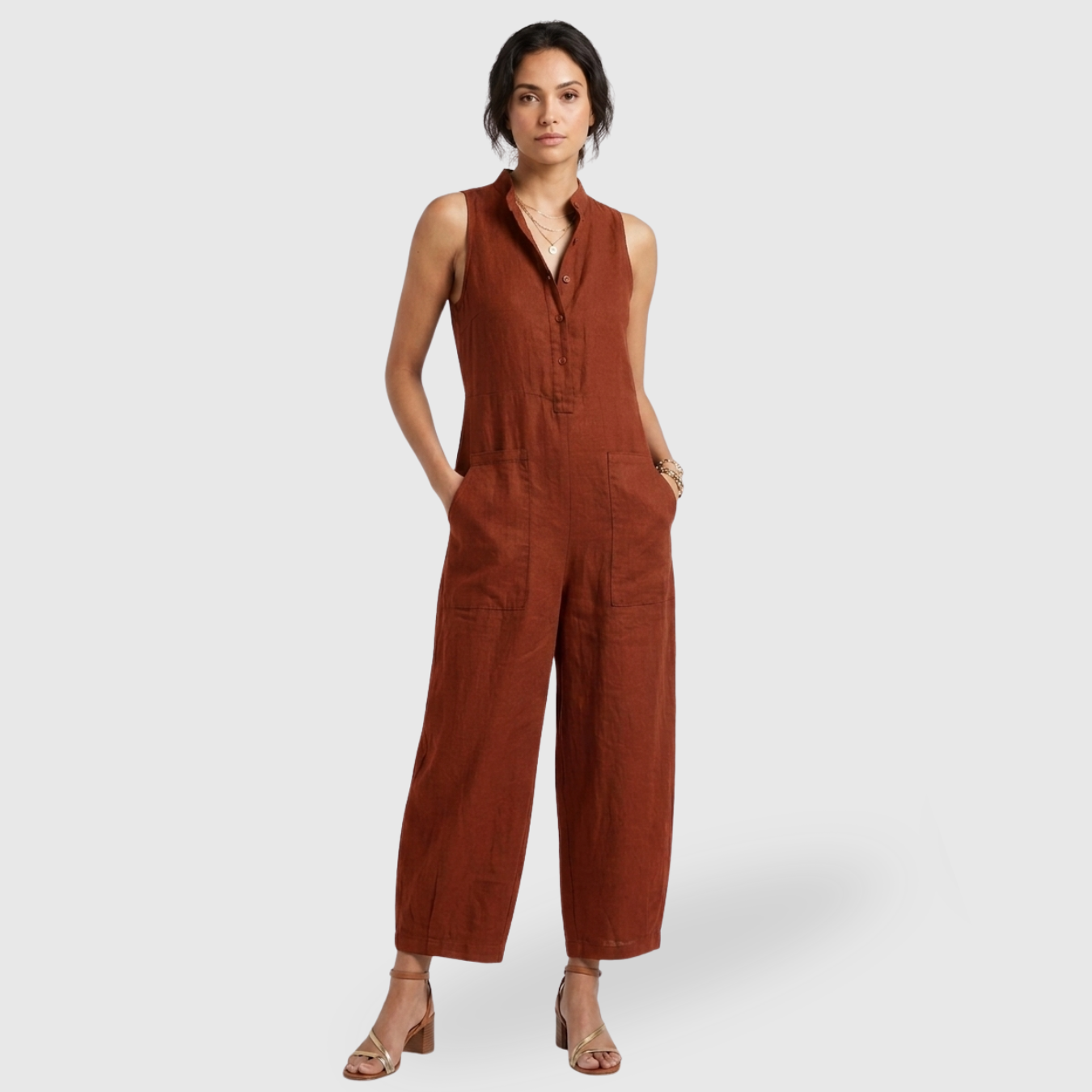Combinaison femme lin mélangé sans manches coupe ample