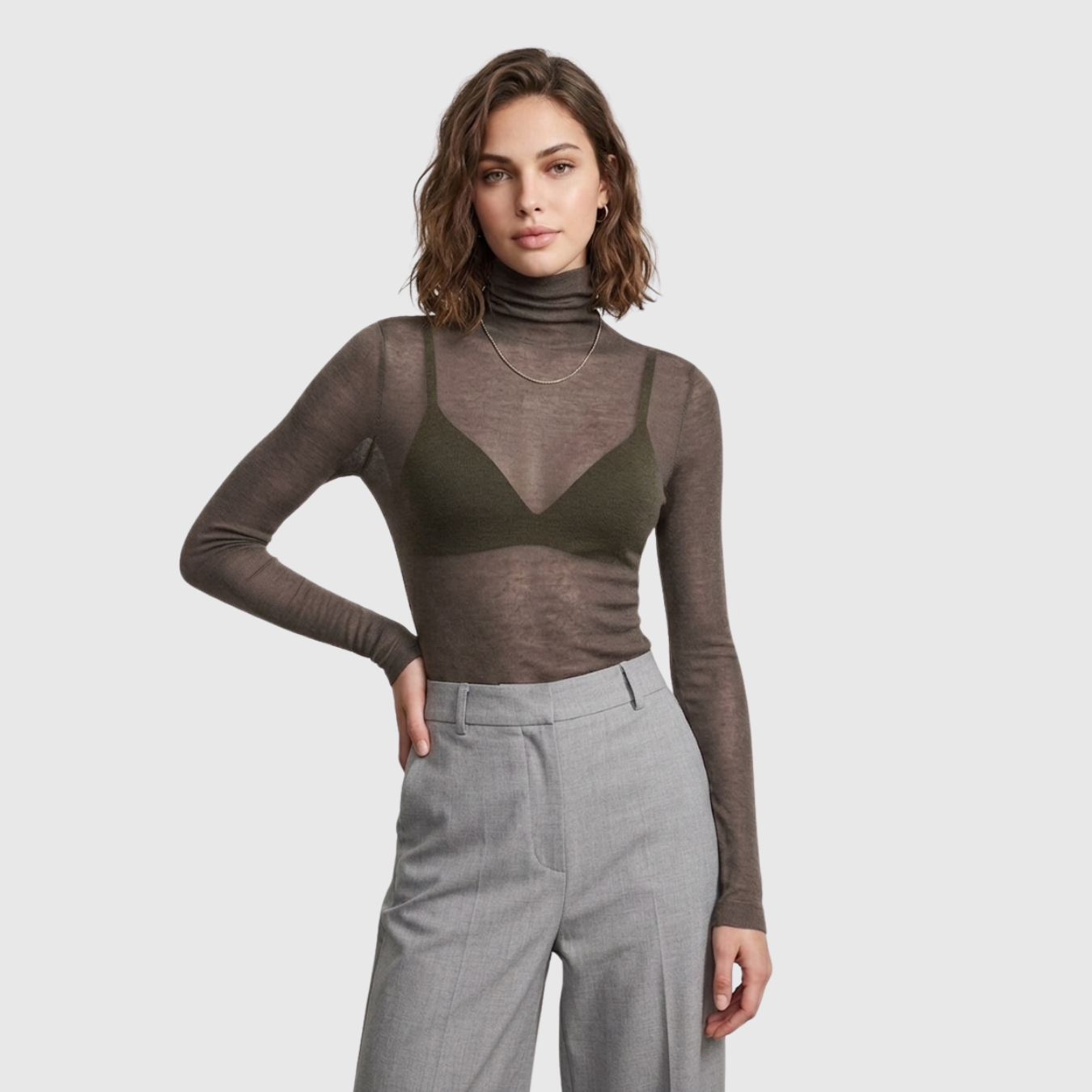 Pull col roulé femme laine mélangée transparent manches longues