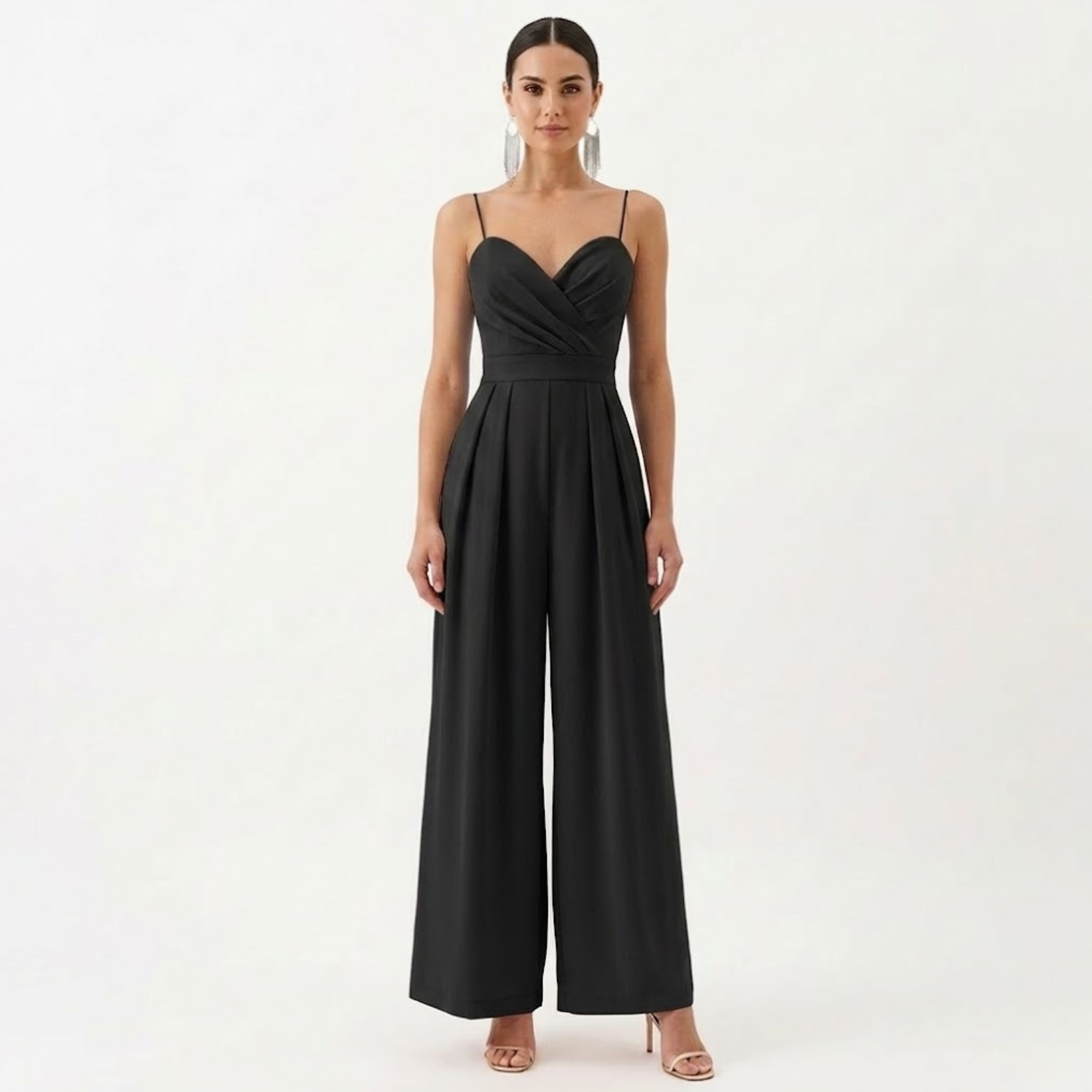 Combinaison pantalon large femme taille haute col V à bretelles